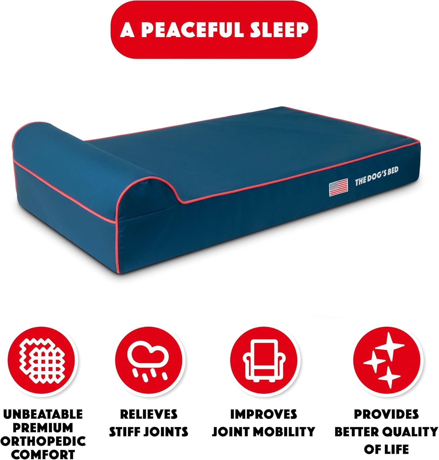 The Dog’s Bed Orthopedic Headrest Dog Bed XL Blue Oxford with Red Trim US Flag 46x28, Memory Foam, Hip & Elbow Dysplasia, Post Surgery, Lameness, Veterinary Approved, Waterproof Washable Cover