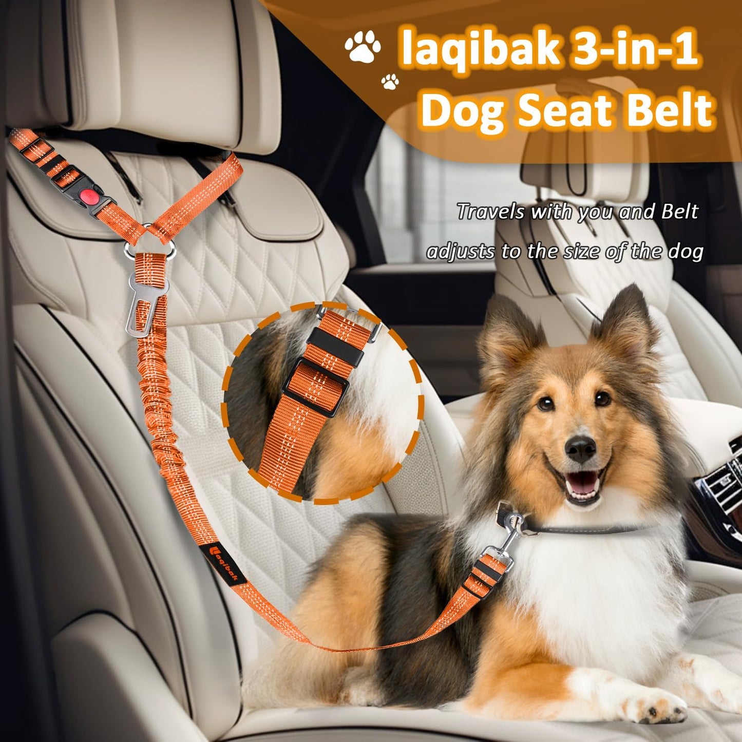 Removable Dog Seat Belt Harness for Car, 3 in 1 Pet Dog Car Seatbelt Leash, Retractable Restraint Secures to Vehicle Headrest & Adjustable Reflective Bungee Dog Seatbelt Tether,Orange