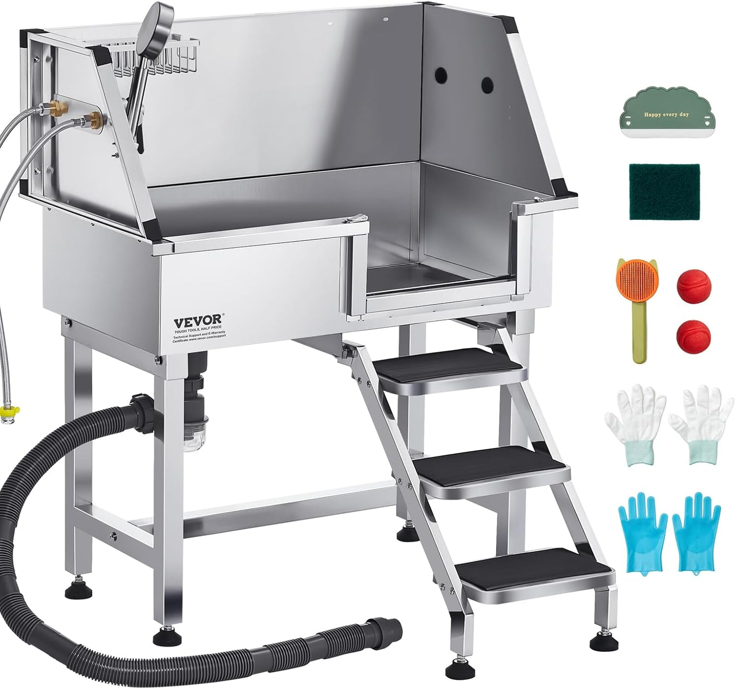 VEVOR Stainless Steel Dog Washing Station, 34 inch Pet Grooming Tub w/Storage Stairs, Faucet & Showerhead & Soap Holder Dog Bathtub, Pet Wash Station for Small Pets (Right Door)