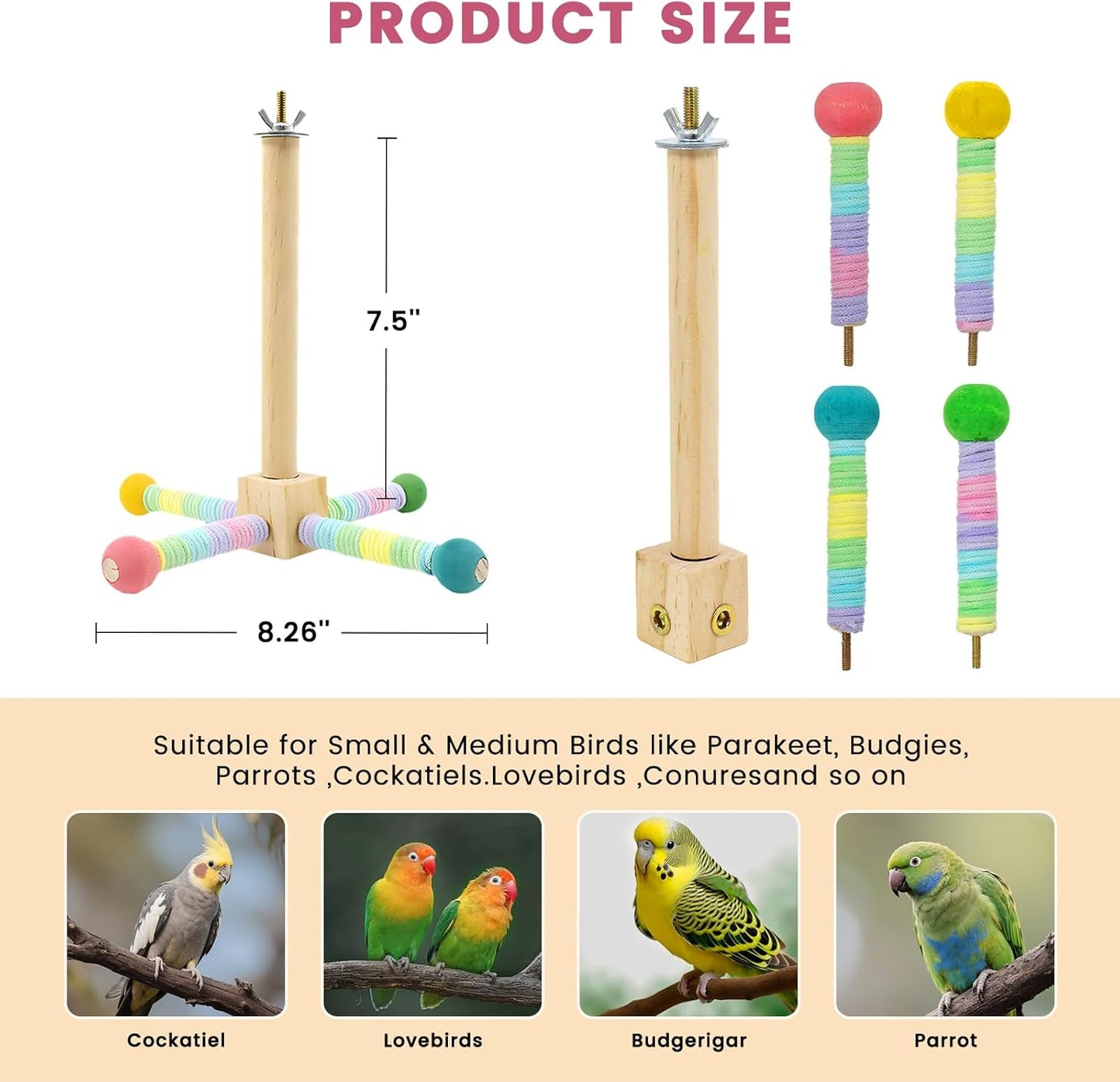 Upgraded Parrot Perch Toy,Rotating Bird Perch Stand with Chew Ball Toy for Small&Medium Birds,Bird Cage Accessories for Parakeets Cockatiels Lovebirds Conures Finches Budgies