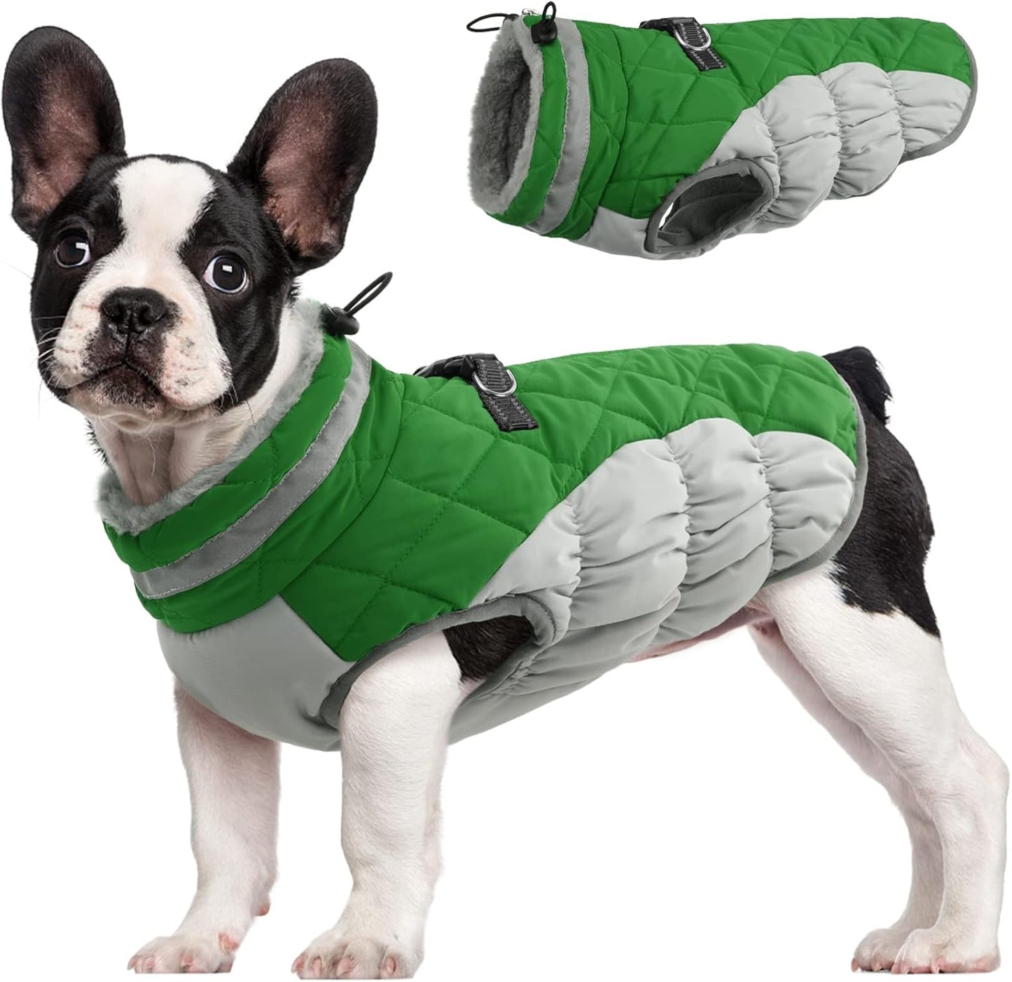FUAMEY Dog Coat for Small Dogs,Waterproof Dog Winter Jacket with Harness Built in Puppy Cold Weather Coats Reflective Pet Vest with Zipper Warm Fleece Dogs Snowsuit Windproof Green XS
