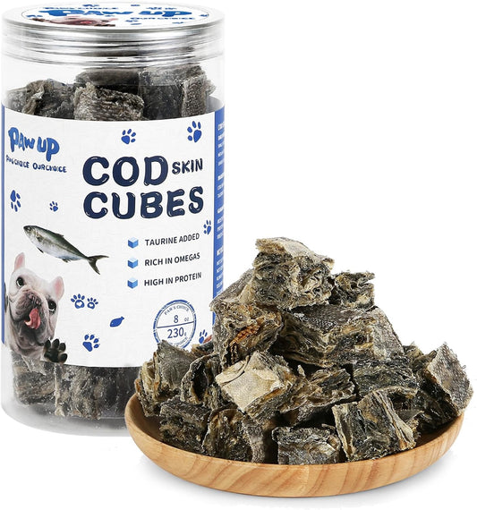 Cod Skin Cubes Dog Treat, Chew Fish Skins Rolls w/Taurine, One-Ingredient Grain Free Healthy Dog Treat, Rich in Omega3, 8 oz