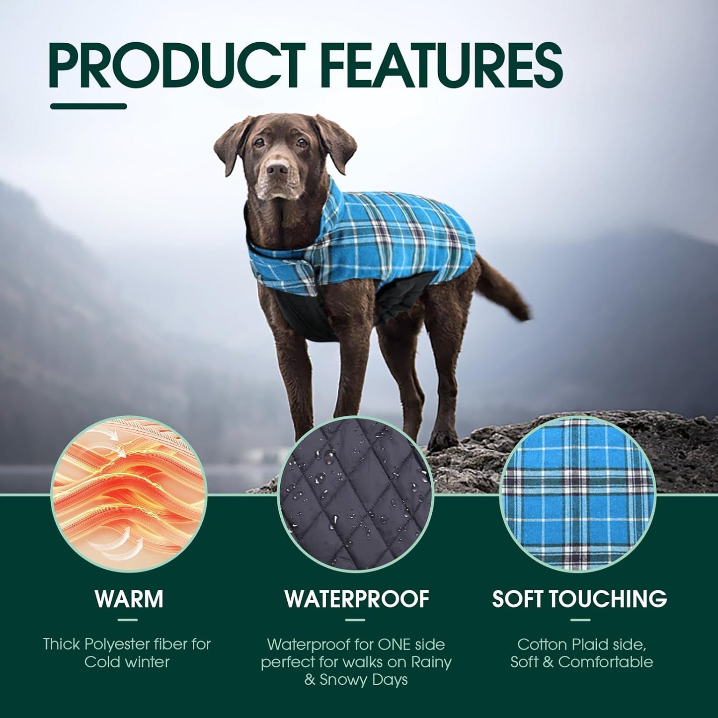 Kuoser Waterproof Dog Coat, Reversible Dog Jacket for Medium Dogs, Adjustable Durable Doggie Winter Coat Warm Puppy Cold Weather Apparel from Small to Large Breed, Blue M