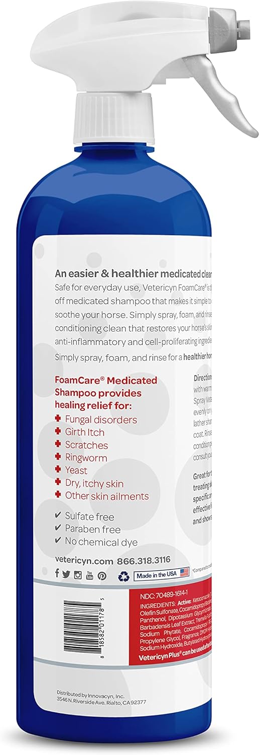 Vetericyn FoamCare Medicated Horse Shampoo | Sprayable Equine Shampoo with Ketoconazole for Healing Relief from Itchy Skin, Fungal Issues, Ring Worm, and More. 32 fl oz.
