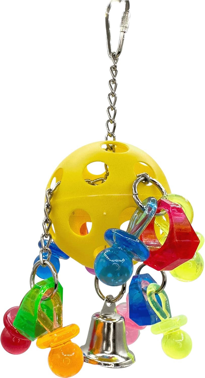 1938 Pacifier Ringer with Acrylic Ring, Pacifiers and Bell – Handcrafted by Impeckable Bird Toys – Great for Conures, African Greys, Amazons and Other Medium Birds