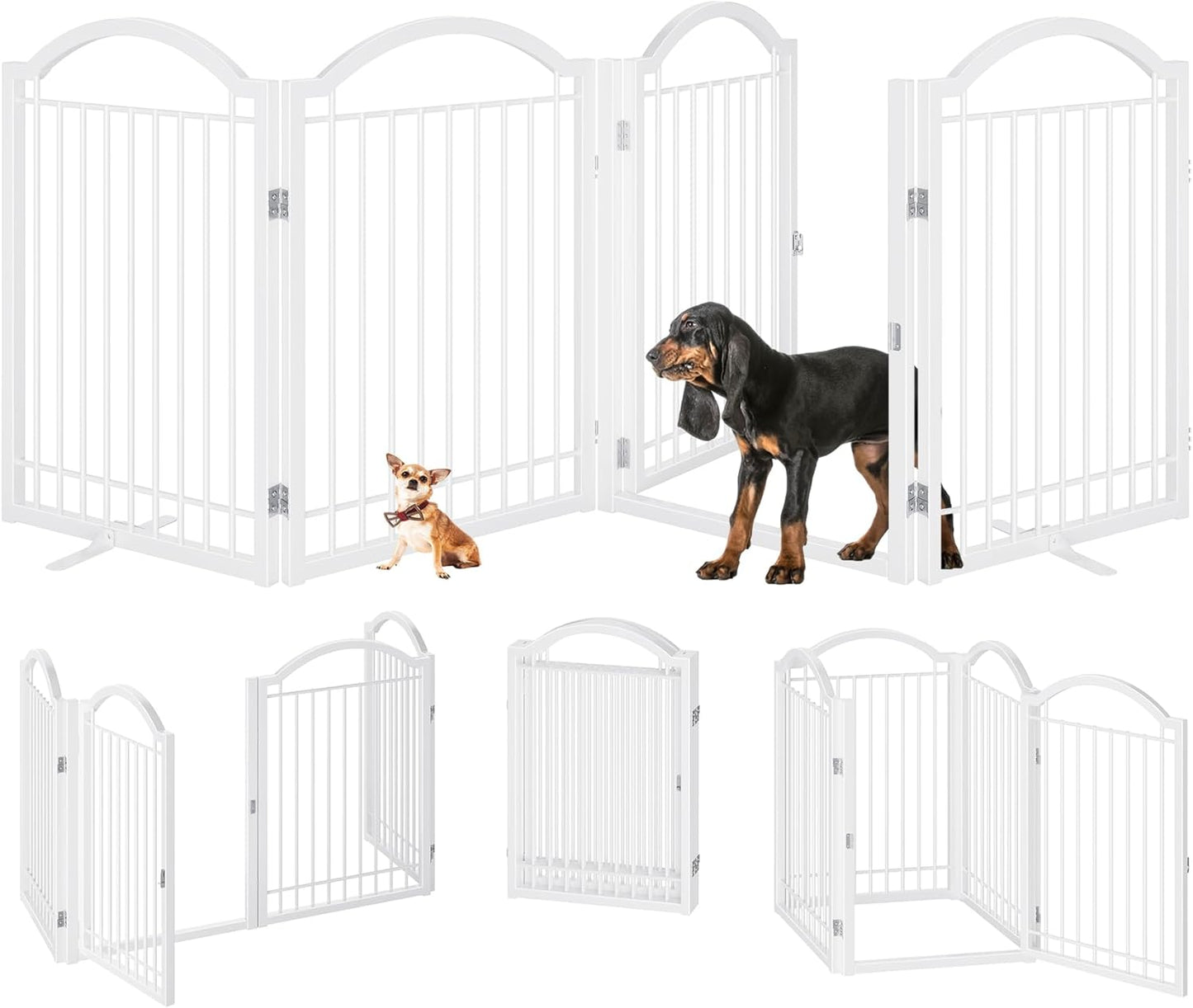 BHG Metal No-Assembly Freestanding Dog Gate with Door Walk Through, Extra Wide 96", Extra Tall 32" Pet Gate, Accordion Puppy Folding Playpen Dog Fence, with 2PCS Support (White, 4 Panels)