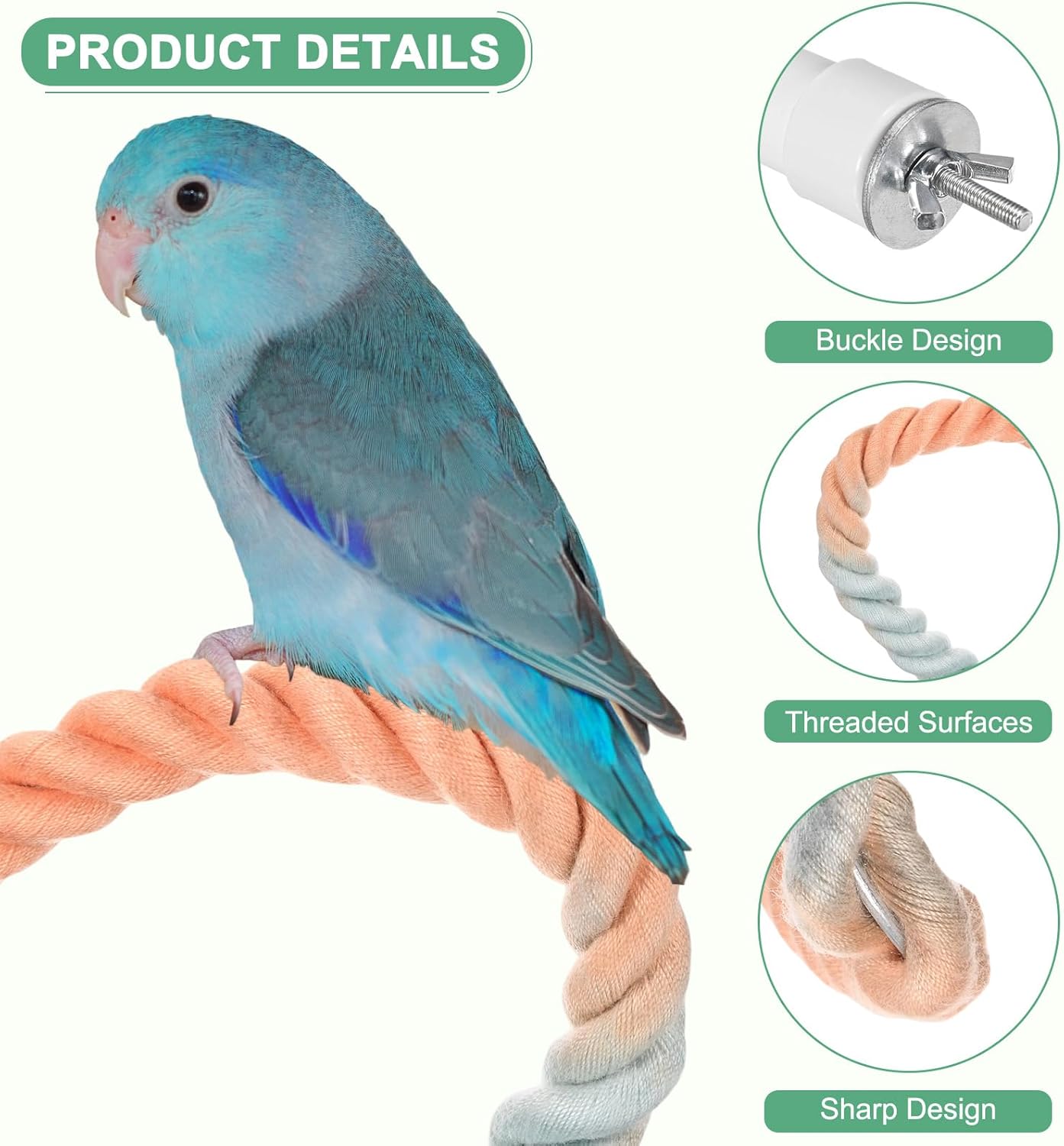 1-Pack Rope Perches for Bird Cages, 31.5 in Length Comfort Grip Flexible Rope Perch Beak & Paw Grinding for Parrots/Cockatiels/Parakeets, Bird Platform Sand [Pink Blue]