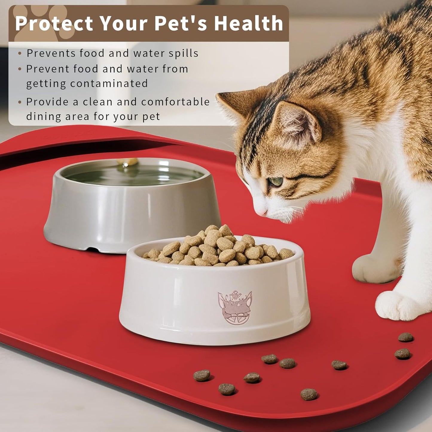 Silicone Pet Feeding Mat with Raised Edge & Residue Collection Pocket for Food and Water, Dog Bowl Mats, Cat Bowls Placemat with High Lip for Floor Waterproof, 22 x 14 x 0.8 Red