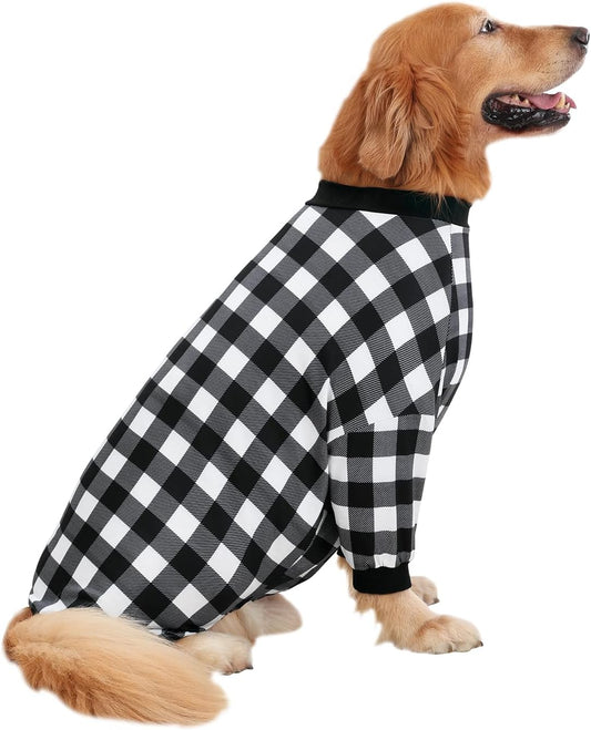 HDE Dog Pajamas One Piece Jammies Jumpsuit Pet Clothes Outfit Stretchy Lightweight Comfy Shirt Pjs for M-3XL Dogs Black & White Buffalo Plaid - XL