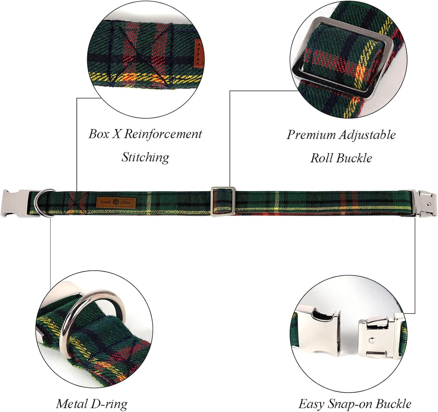 Lionet Paws Christmas Dog Collar with Bowtie Durable Adjustable Handmade Comfortable Bow Tie Dog Collar Green with Metal Buckle for XL Dogs,Girl Boy,Party,Festival,Holiday Style,Neck 16-26in