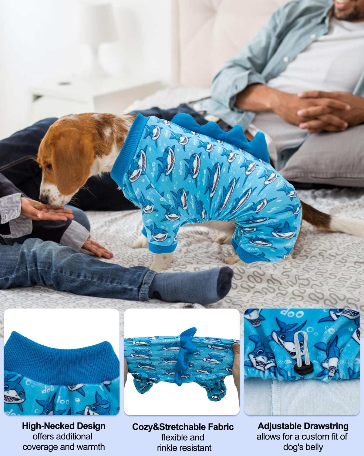 CuteBone Shark Costume Dog Pajamas, Stretchy Spandex Crystal Velvet Sleepwear Coat for Small Dogs, Soft & Warm Pet Outfit Clothes for Cold Weather, Cozy Pullover Design COSP07M