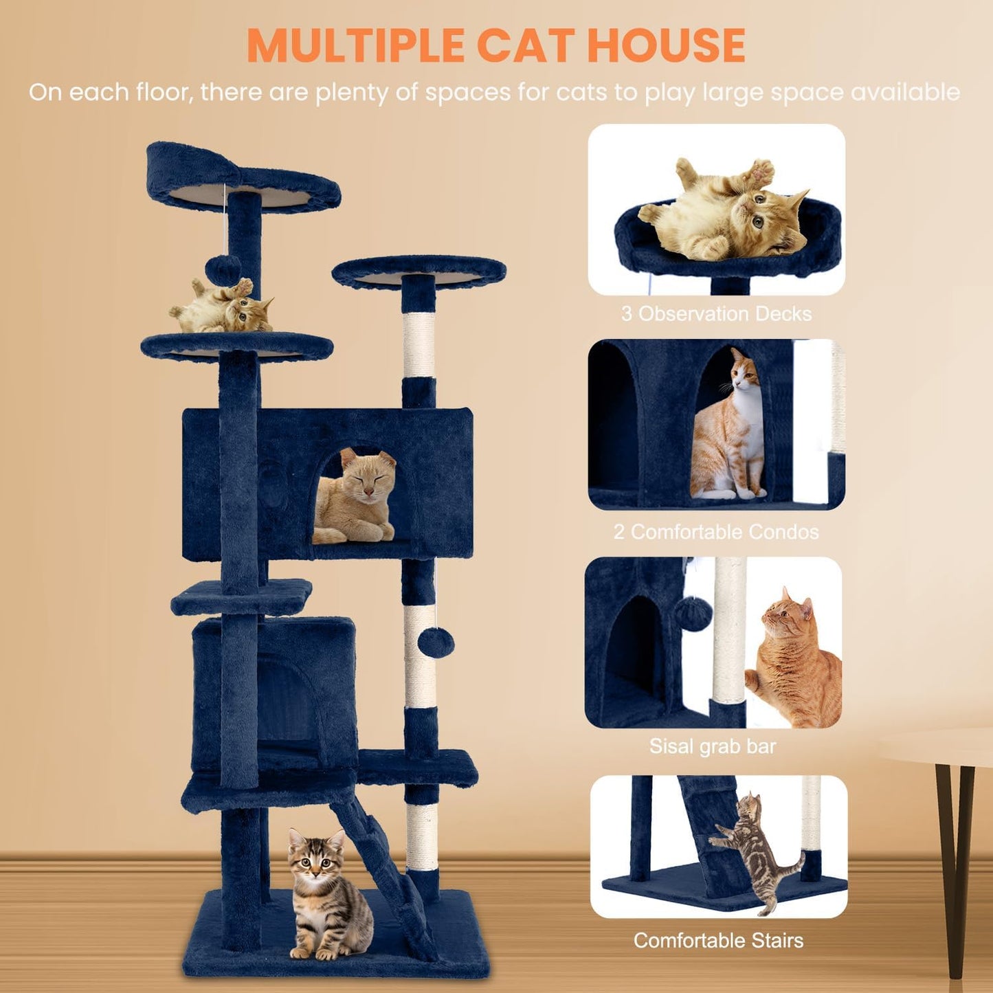 54.7 inches Cat Tower - Multi-Level Cat Condo with Scratching Posts, Hanging Toys, Navy Blue