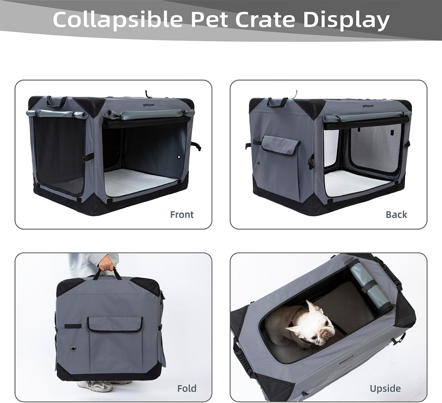 Pettycare 36 Inch Collapsible Dog Crate with Curtains Travel Dog Crate for Airflow and Calm Soft Pet Kennel with Portable Bag and More Chew Proof Mesh Indoor & Outdoor Grey 4 Door Curtains