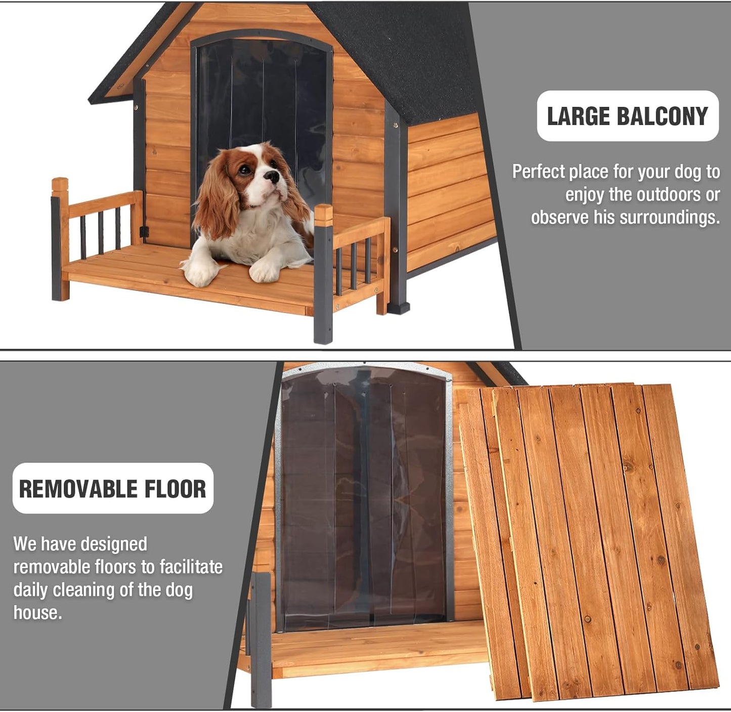 Large Dog House Outdoor Weatherproof Dog Kennel with Anti-Chewing Iron Frame, Dog Shelter for Large Breed with Porch (Brown, 50.9" D x 37.4" W x 37.2" H)