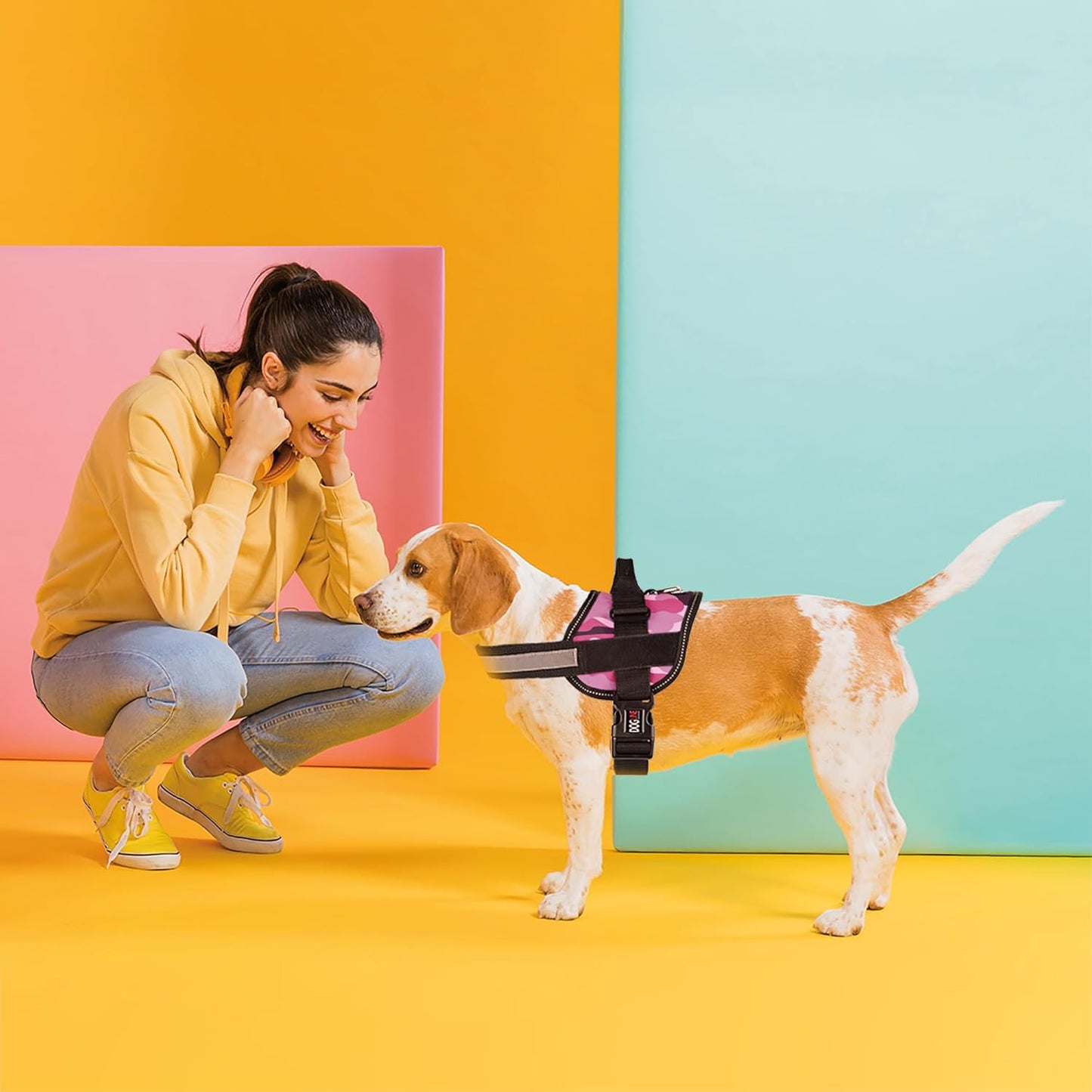 Dogline Dog Harness, Reflective No-Pull Adjustable Vest with Handle for Walking, Training, Breathable, No - Choke Harness for Small, Medium or Large Dogs Room for Patches Girth 33"-46" in Pink Camo