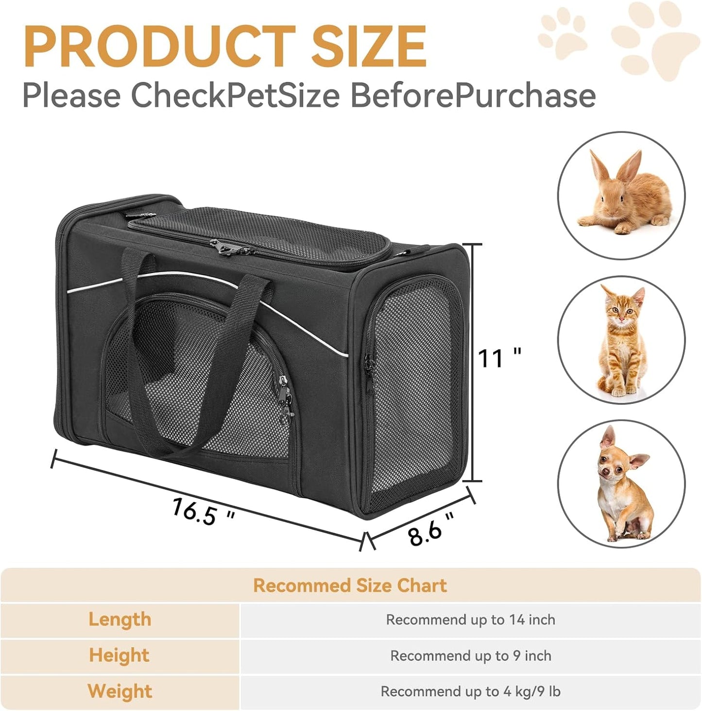 ‌Petsfit Airline Approved Pet Carrier for Small Cats, 16.5x8.6x11 TSA Approved Carrier, with Removable Dual-Sided Padding (2-Way Placement) - Fits Under Most Airplane Seats, Escape Proof (Black)