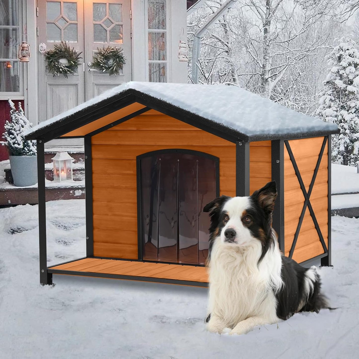 Outdoor Dog House,Weatherproof Wooden Dog Shelter for Small to Medium Sized Dogs,Iron Frame Indoor Outdoor Doghouse,Puppy Kennel,Pets Warm House in Winter with Large Porch