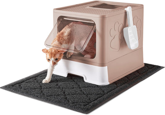 Cat Litter Box with X-Large Litter Mat and Scoop, Large Foldable Litter Box with Lid, Enclosed Kitty Box,Front Top Entry Exit, Odor Control Easy to Clean (Upgrade Coffee)
