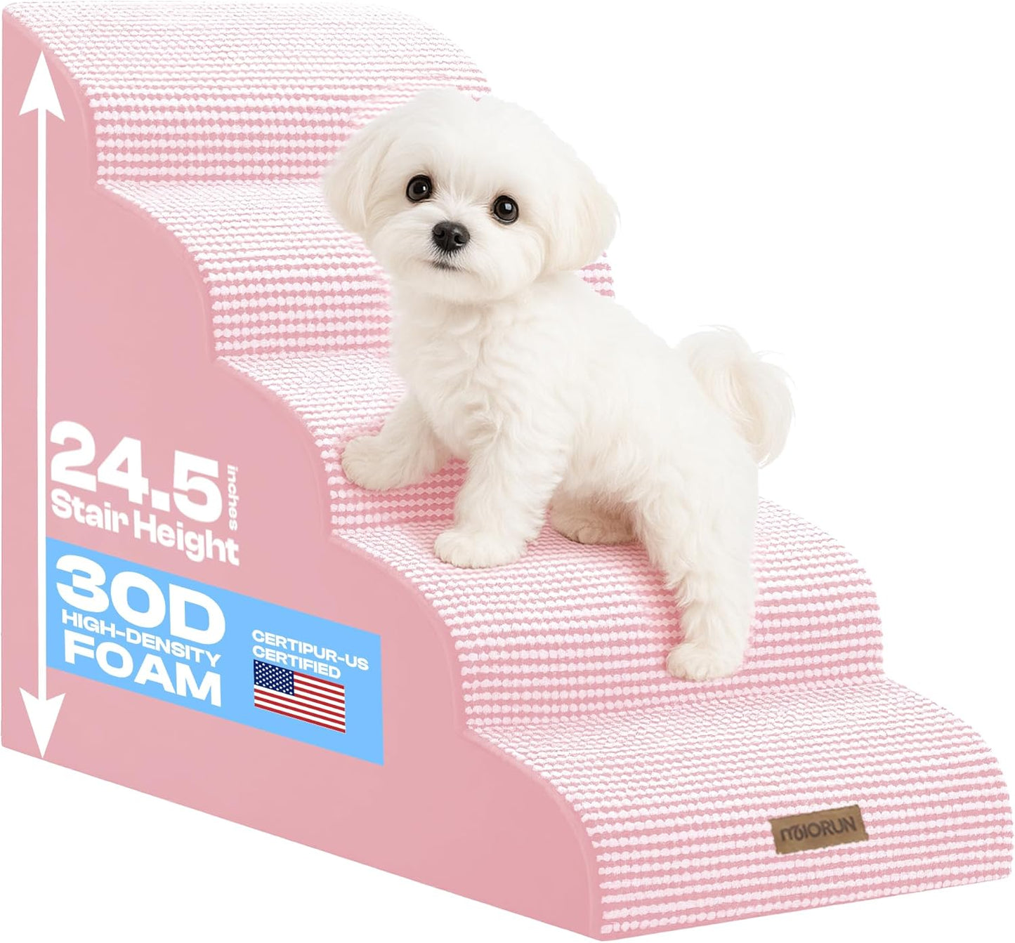Curved Dog Stairs for High Bed Up to 26", 5-Step Dog Ramp for Small Dogs with Washable Cover, Non-Slip Steps for Cats to Get on Couch and Sofa, Durable Foam Ladder for Medium Breeds, White Pink