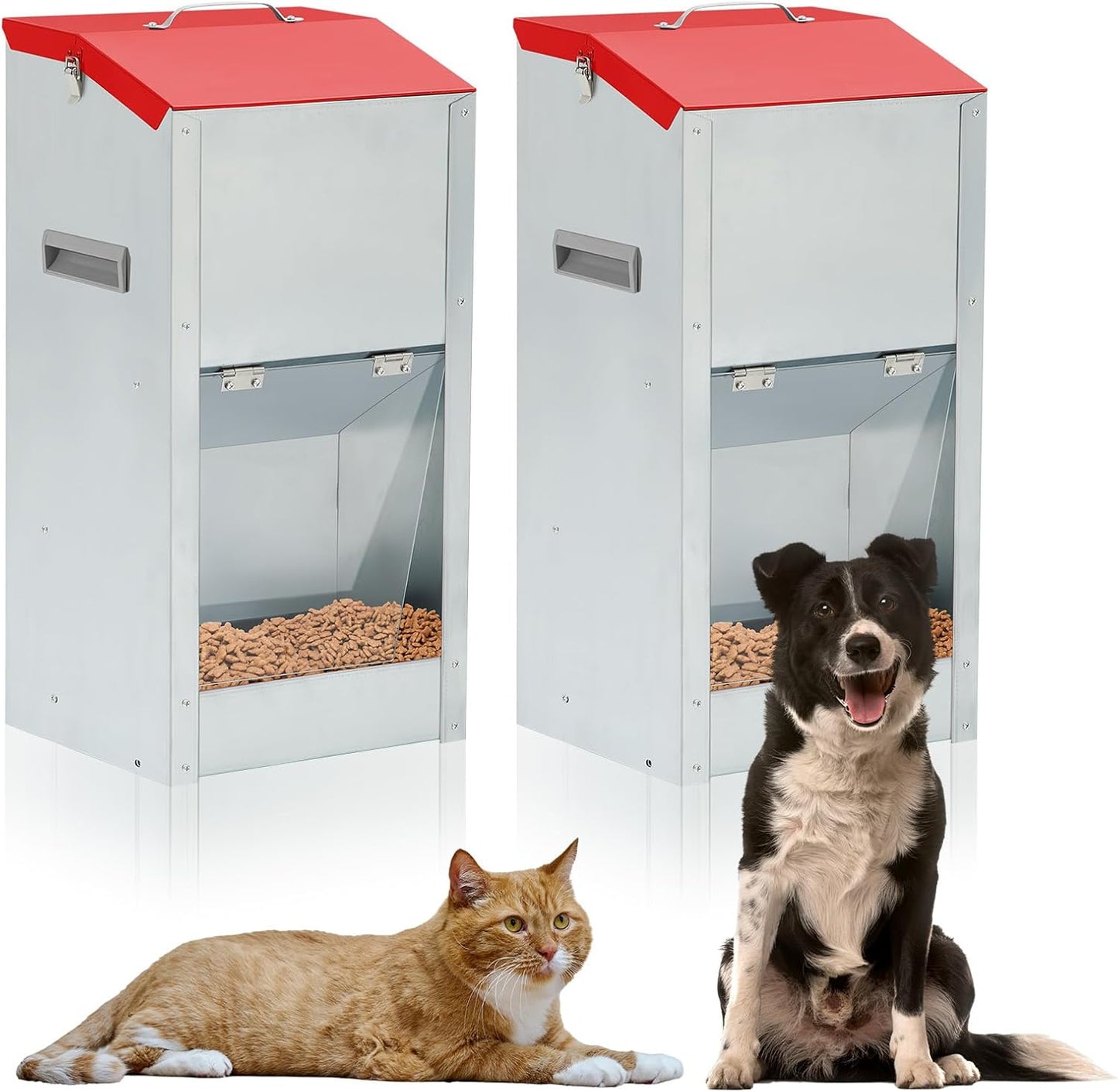 2 Pcs 15 Lbs Large Automatic Dog Feeders with Handle Acrylic Panel Galvanized Gravity Feeder Outdoor Hanging for Doggie Breed Dog Food Dispenser Container(Red)