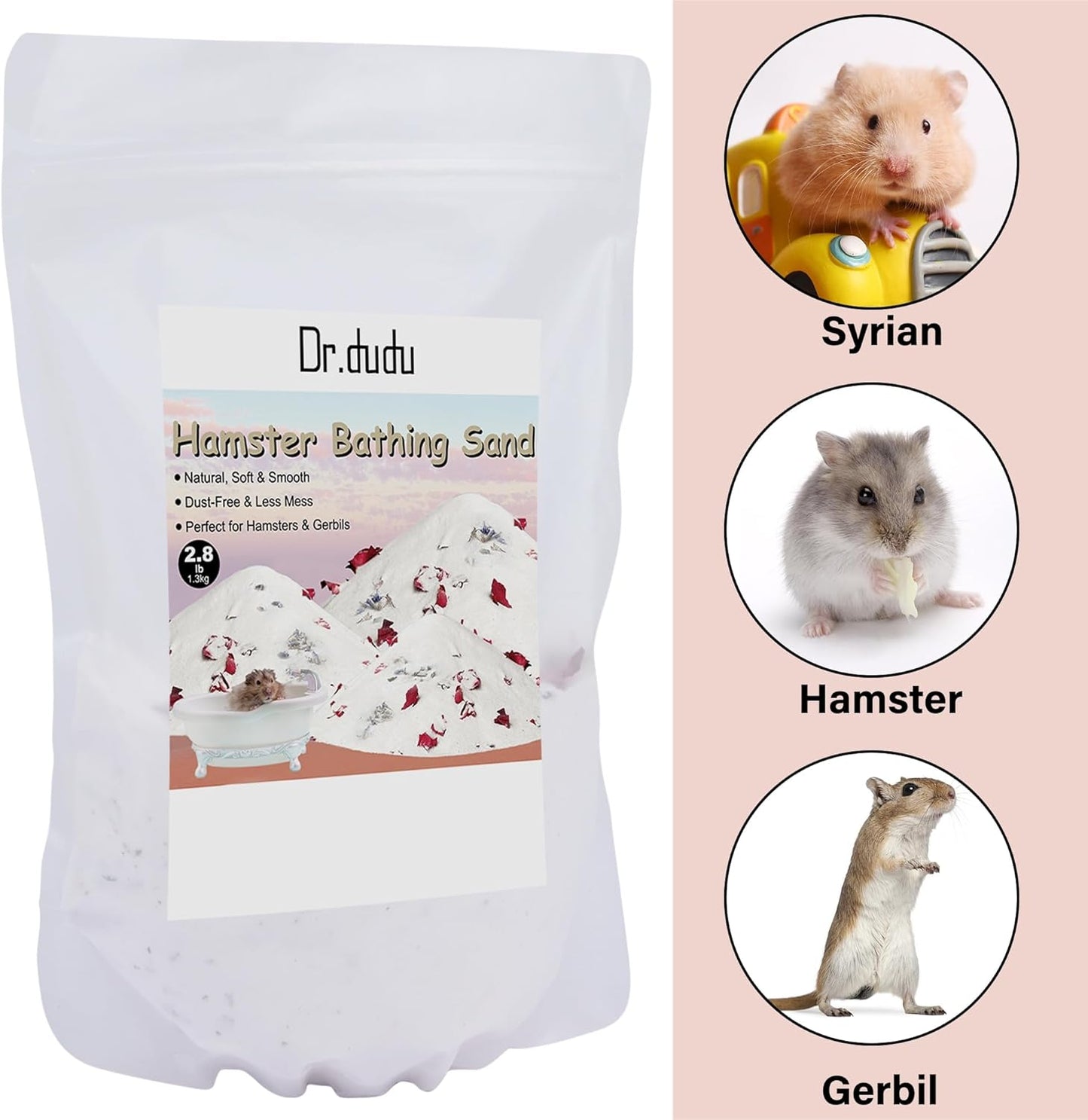 DR.DUDU Hamster Bath Sand, 2.8lb Dust Free Desert Sand or Potty Litter Sand for Hamster Chinchillas Gerbil Syrian Mice Small Animals (White, Flower Smell)