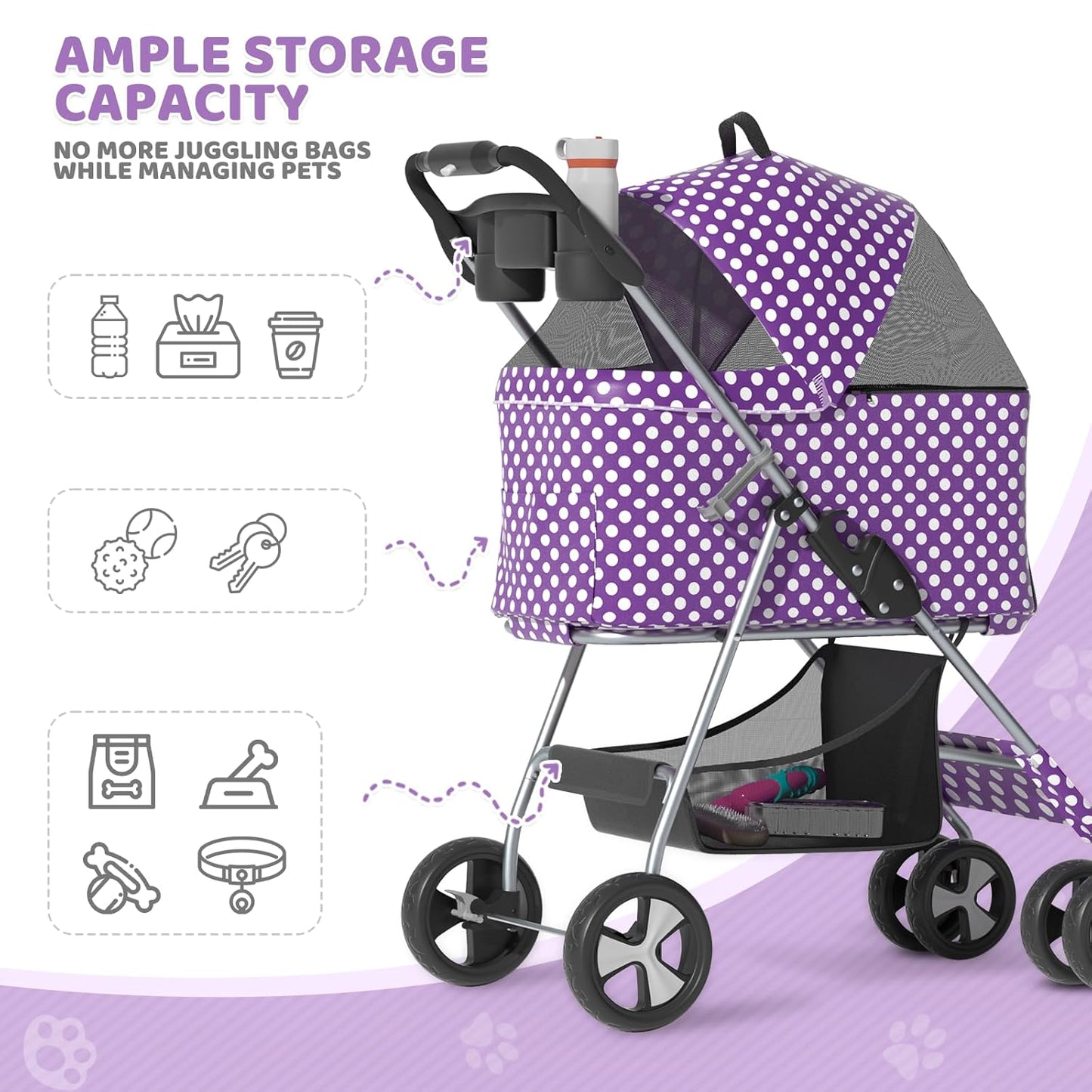 Magshion Foldable Pet Stroller, 3-in-1 Dog Travel Jogger with Detachable Carrier, Cup Holder, Storage Basket, Folding Carrier for Small/Medium Dogs & Cats Up to 33 lbs, Purple Polka Dots