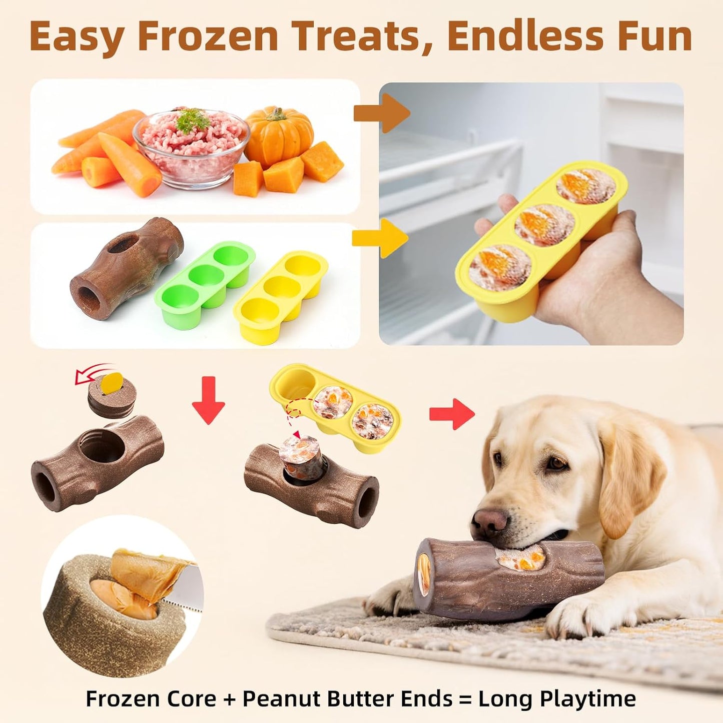 Tree Stump Dog Puzzle Toy for Medium/Large Dogs – Interactive Chew Toy with Frozen Treat Molds & Peanut Butter Grooves, Tree Trunk Bully Stick Holder for Dogs, Fits Various Bully Sticks
