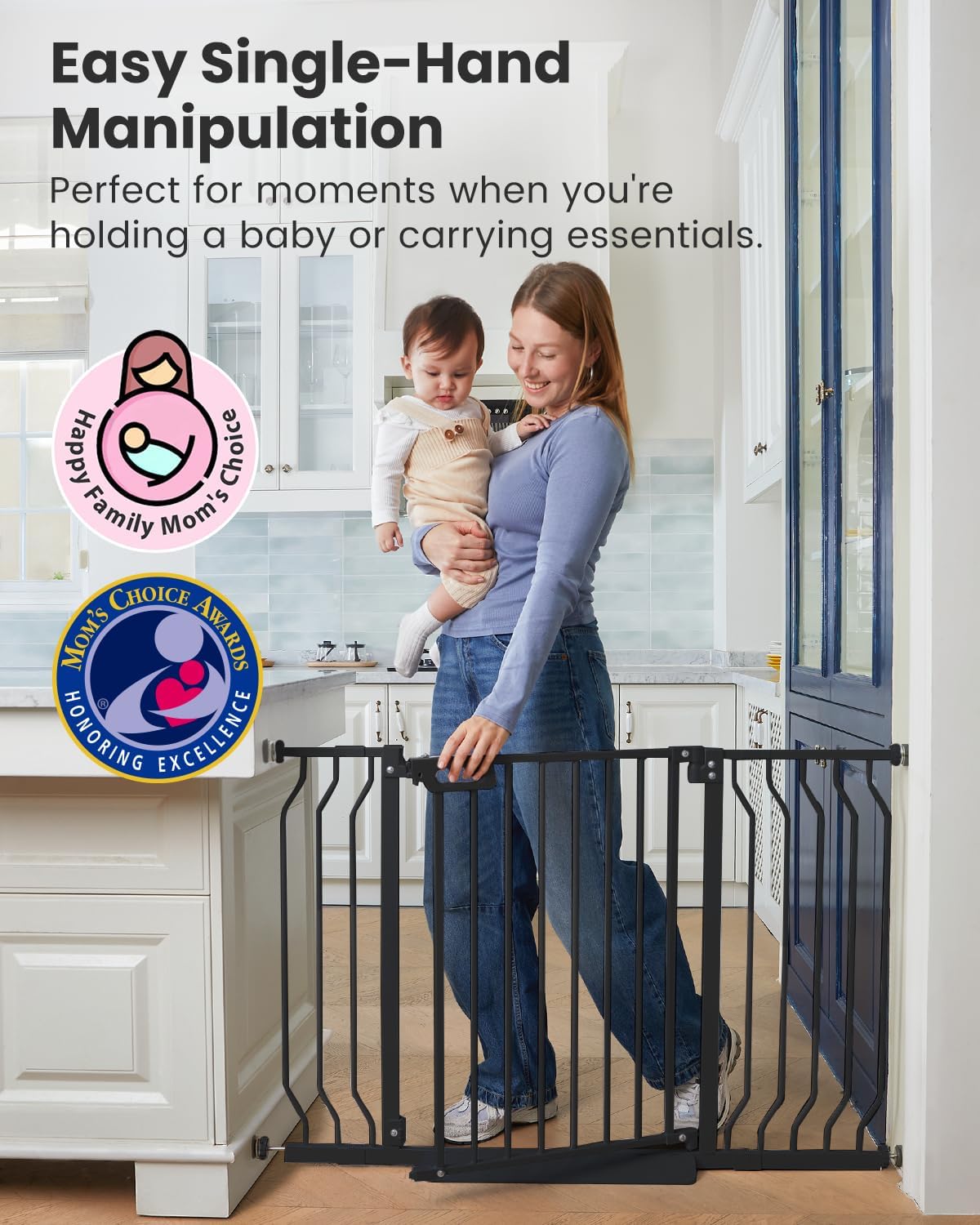 Mom's Choice-GROWNSY Baby Gate for Stairs, 29"-43" Pressure Mounted Pet Gate for Doorways-Auto Close Dog Gate for The House-Easy Installation & Walk Thru Wide Safety Gate, Black