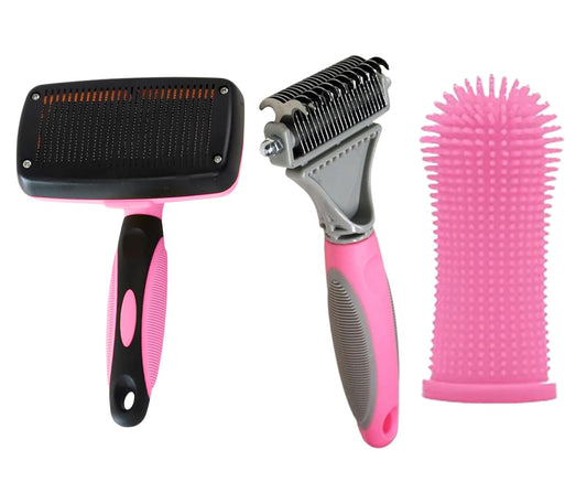 3-in 1 Dog & Cat Grooming Supplies- Self-cleaning Slicker Brush, Deshedding Rake Comb, And Finger Toothbrush For Dogs & Cats | Perfect For Pet Grooming Kit, Dematting And Dental Tool (pink)