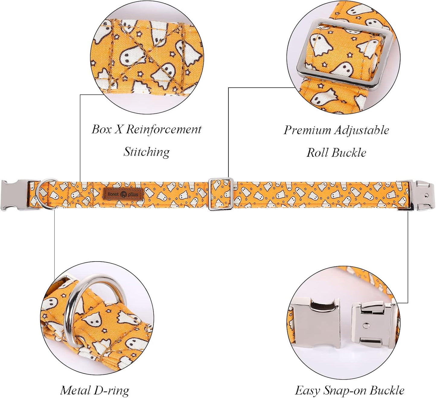 Lionet Paws Halloween Dog Collar with Bowtie - Cute Cotton Adjustable Fall Bowtie Dog Collar with Metal Buckle for Small Medium Large Dog Girl Boy Gift, S, Neck 10-16in