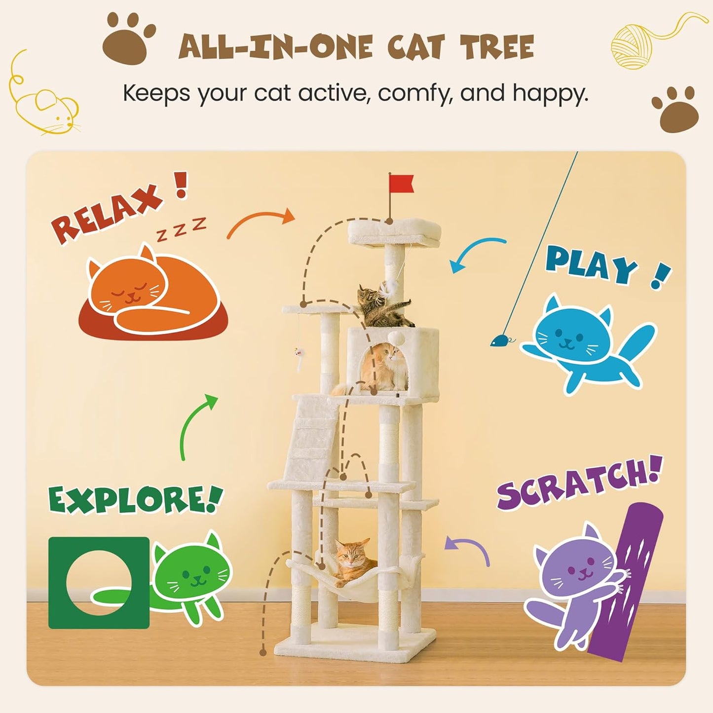 MWPO 63.8 inches Multi-Level Cat Tree for Large Cats with Sisal-Covered Scratching Posts, Padded Platform, Hammock and Condo,Stable Cat Tower Cat Condo Pet Play House-Beige