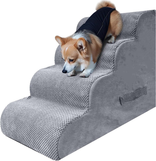PAWSCART Dog Stairs for Small Dogs and Cats, 4-Step Dog Steps for Bed, 19.6" H Pet Stairs for High Bed, Pet Ramp for Couch, Sofa, Non-Slip Surface Removable Washable Cover, LightGrey