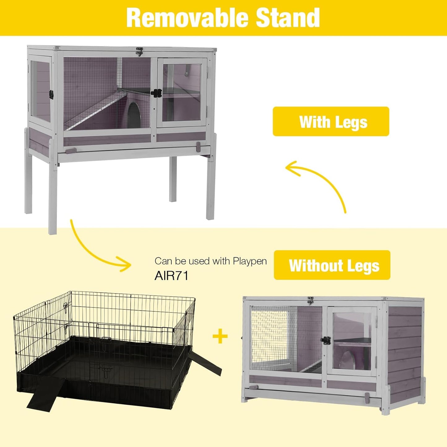Aivituvin Rabbit Hutch with Stand Wooden Bunny Cage Indoor 2 Story Guinea Pig House with Anti Chew Ramp, No Leak Tray, Hideout, Wire Mesh (Gray)