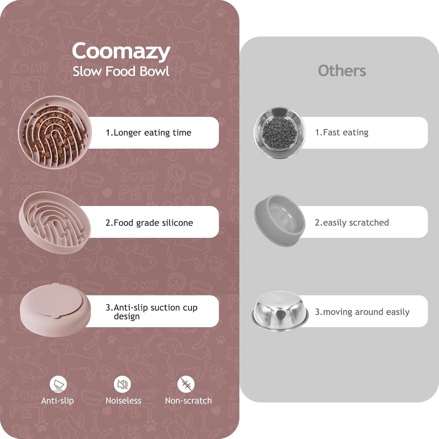 Coomazy Large Silicone Slow Feeder Dog Bowls, Interactive Puzzle Toy for Pets Food Training, Keeps Dogs Busy, Prevents Puppy Overeating (Dusty Pink, Large: 3.2Cup)