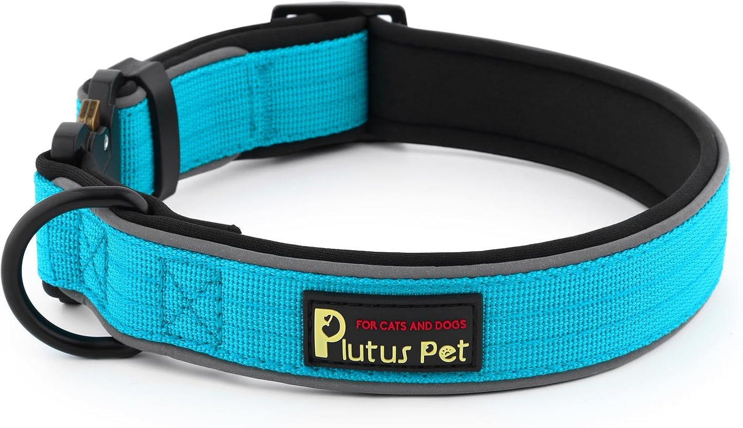 Plutus Pet Tactical Dog Collar, Reflective, Adjustable Heavy Duty Dog Collar, Soft Padded and Comfortable, for Small Medium and Large Dogs (Cyan, XL)