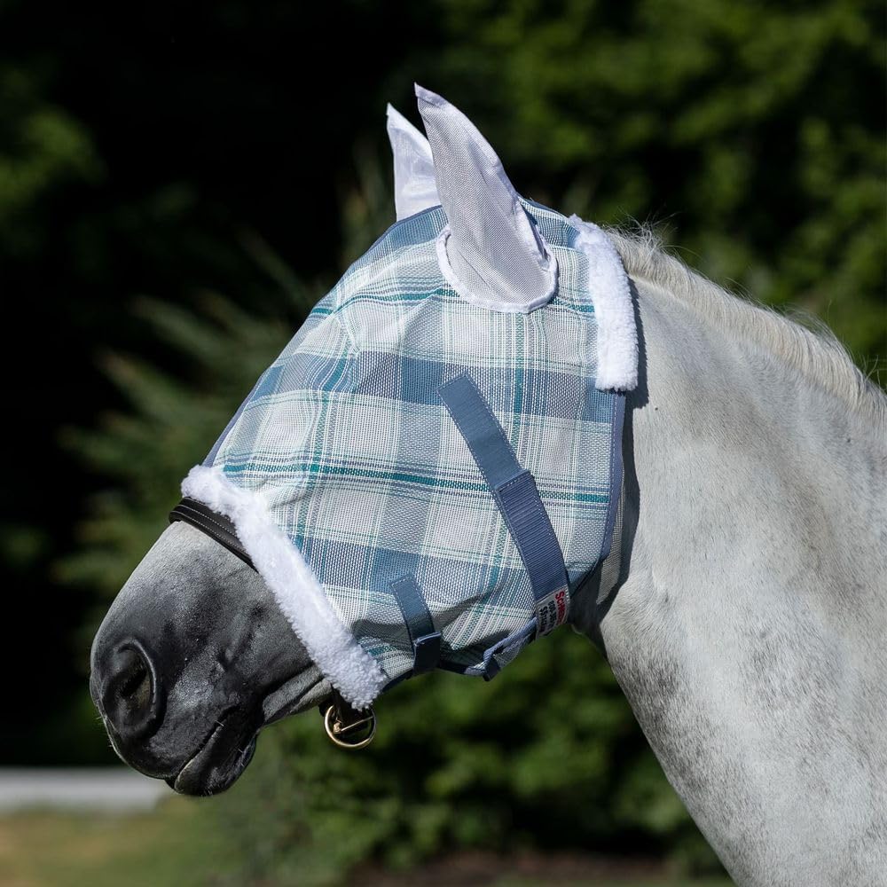 Schneiders Dura-Mesh Plaid Fly Horse Mask with Ears | Ultra-Durable 1000D Mesh | 70% UV Protection | Breathable Open Weave | Color Blue Plaid | Size Cob