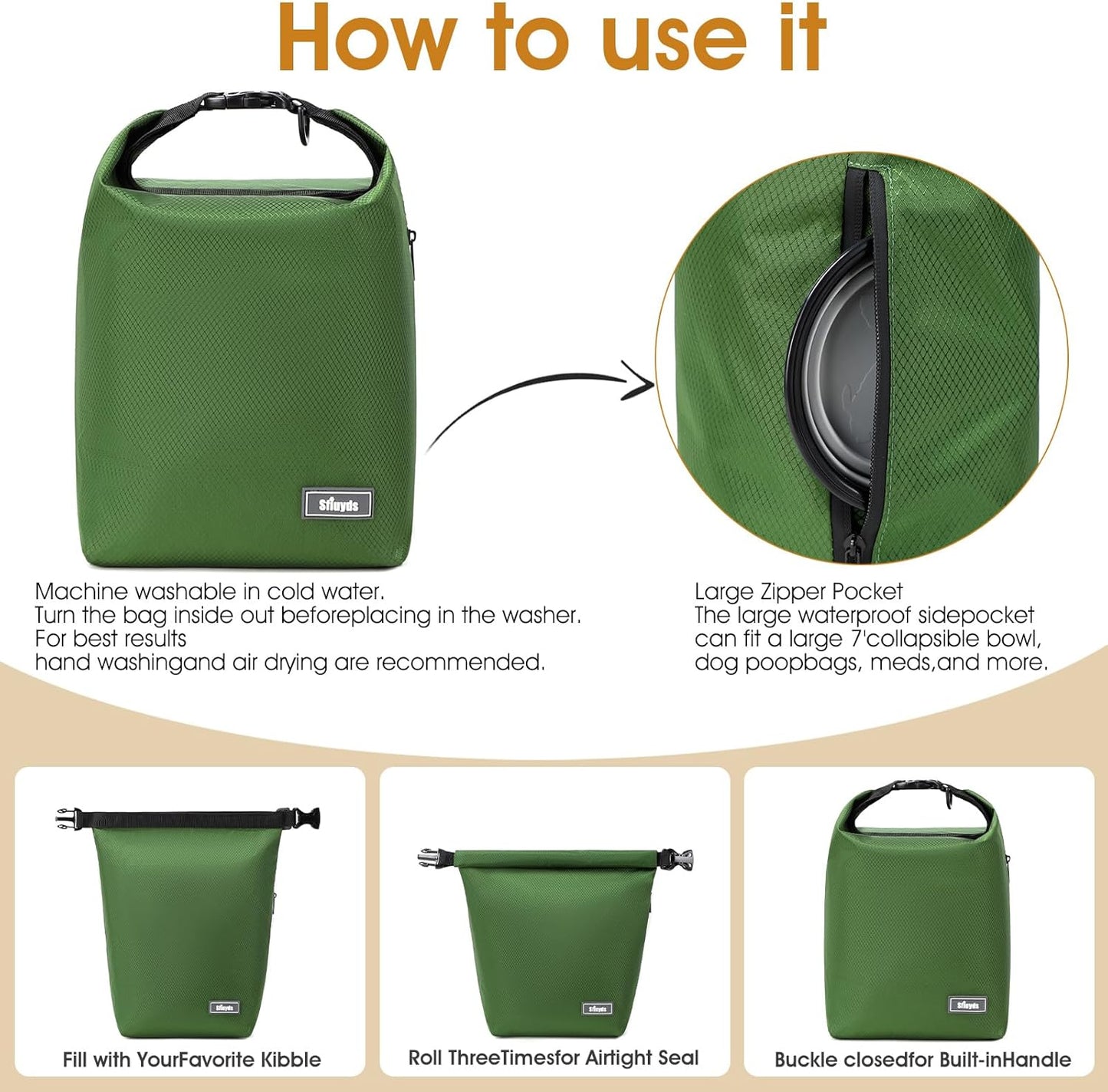 Dog Food Travel Bag with 2PCS Collapsible Dog Travel Bowls,Air Tight Dog Food Storage Container(Green, Small)