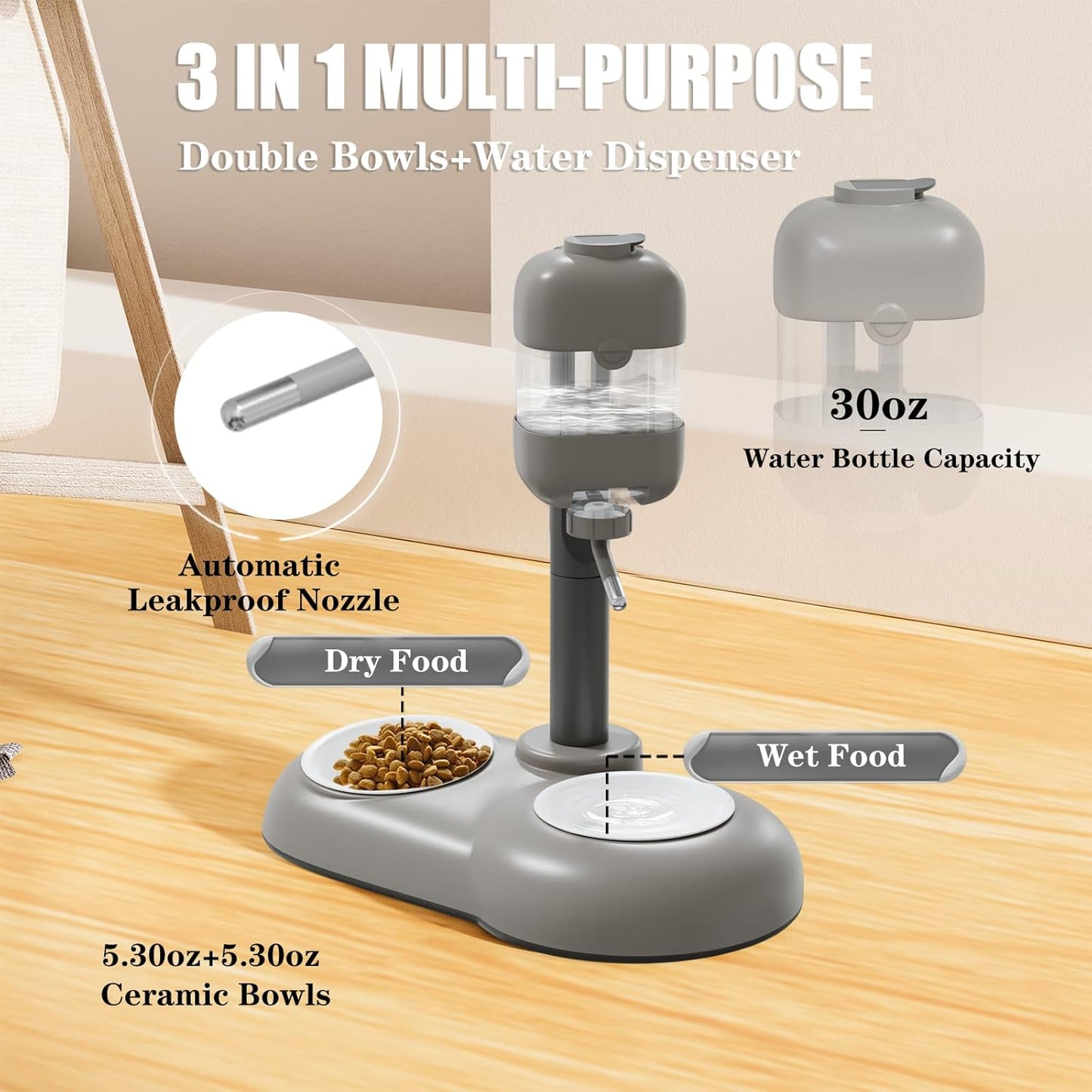 Puppy Bowls for Small Dogs,3 in 1 Bowl Set with Puppy Water Bottle and 2 Food Grade Ceramic Bowls,15°Tilted Dog Food and Water Bowl Set for Cats,Rabbits,Ferrets,Small Sized Dogs