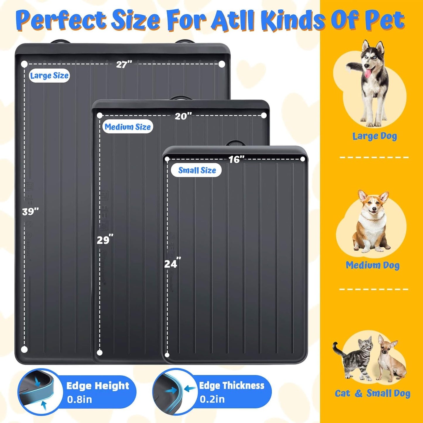 Dog Feeding Mat - 39''x27'' Large Silicone Pet Food Mats with Residue Collection Pocket and High Edges, Floors Waterproof Dog Cat Bowl Mat Prevent Water Food Spills, Black