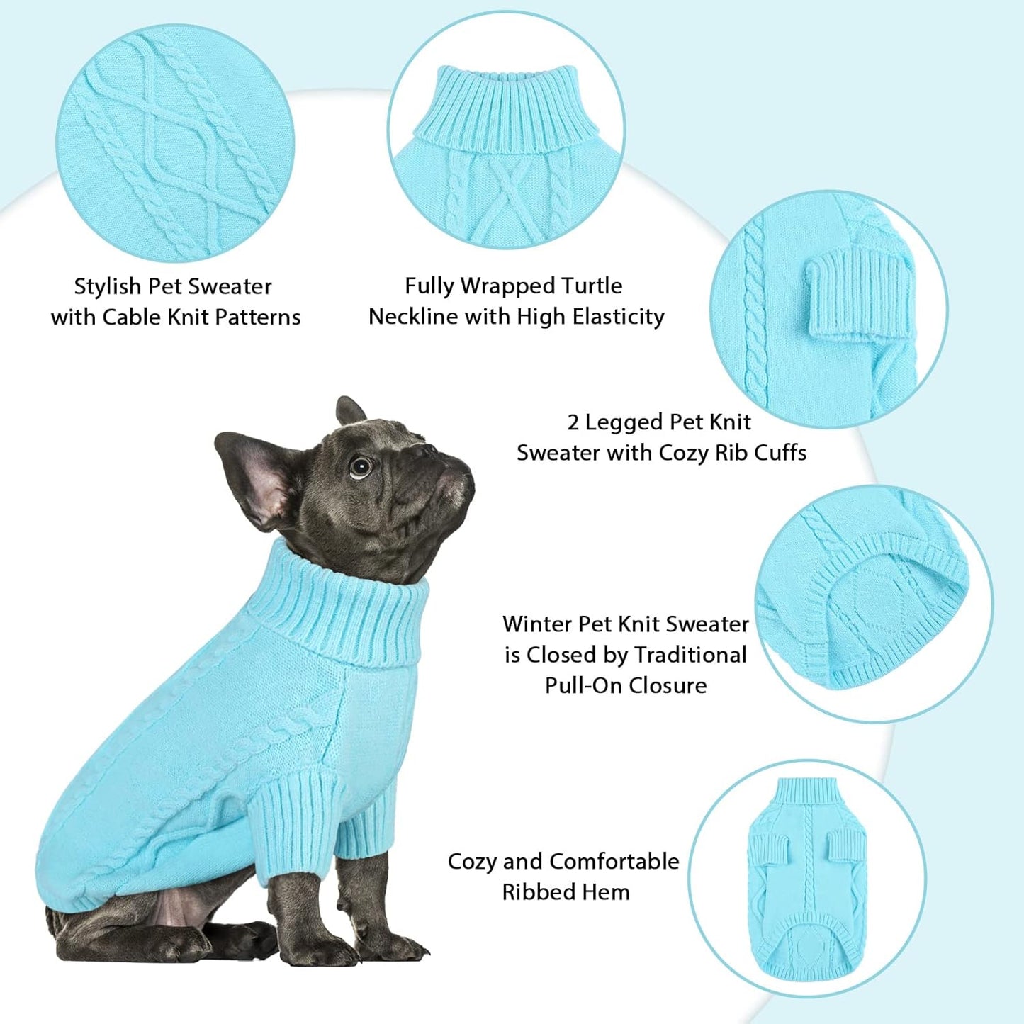 Queenmore Small Dog Pullover Sweater, Cold Weather Cable Knitwear, Classic Turtleneck Thick Warm Clothes for Chihuahua, Bulldog, Dachshund, Pug (Sky Blue, X-Small)