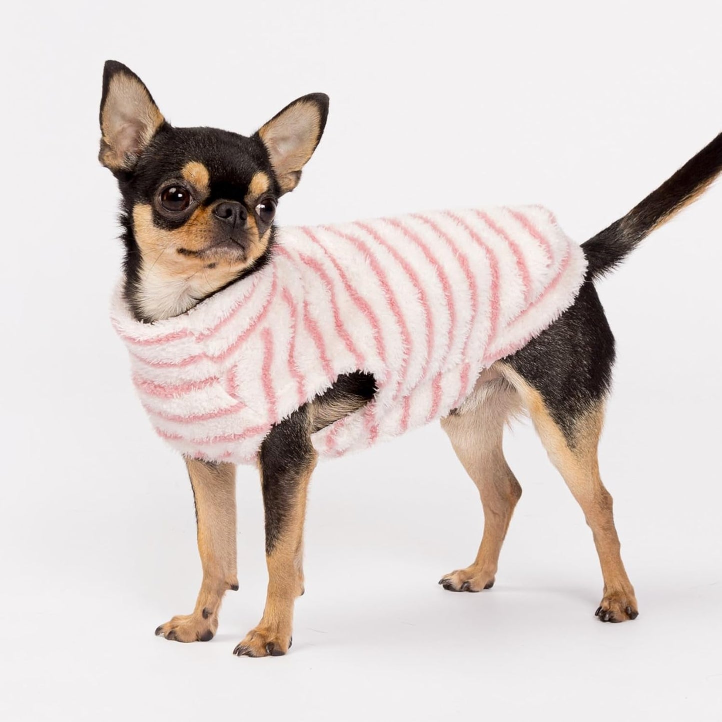Fitwarm 2 Pack Striped Fleece Dog Sweater, Warm Winter Dog Clothes for Small Dogs Girl, Fuzzy Turtleneck Pet Outfit, Doggy Pullover Jumper, Rose Pink, White, Light Pink, XL