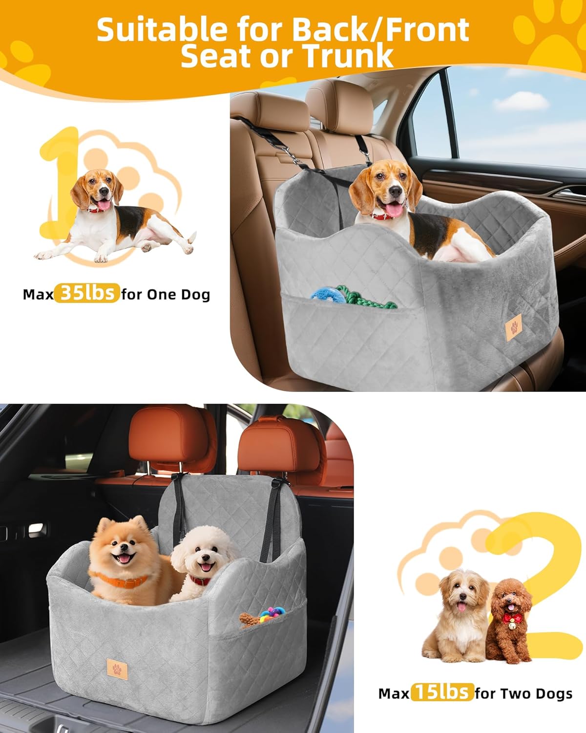 Car Seat Booster for Dog: High-Support Memory Foam Pet Car Seat for Small/Medium Dogs Under 35lbs with Elevated Cushion - Detachable Washable Puppy Travel Bed for Driving with Pockets (Grey)