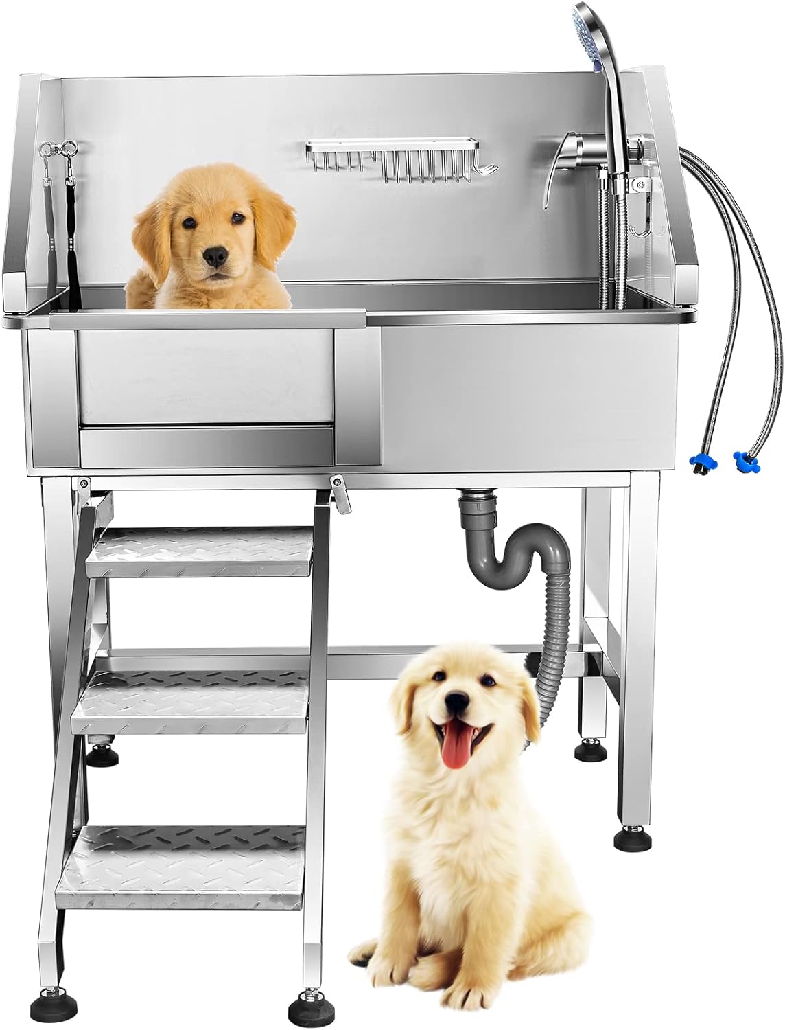 34'' Dog Washing Station for Small Dogs Grooming Tub Bathing Station Professional Pet Wash Station Bathtub for Home with Sliding Door, Faucet, Steps