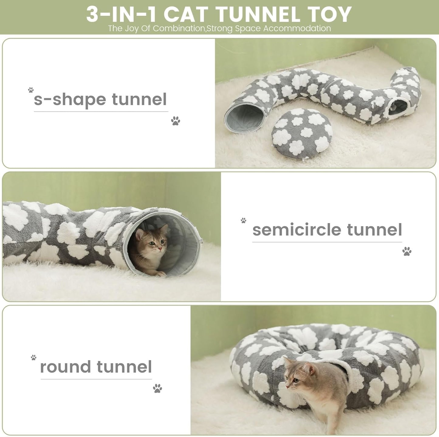 Cat Tunnel Bed for Indoor Cats,Soft Peekaboo Cave Cat Donut Tunnel with Washable Circle Cushion Central Mat, 3 Ways Shaped Round Pet Play Tunnel Toy for Kitten Puppy Rabbit Ferret Green
