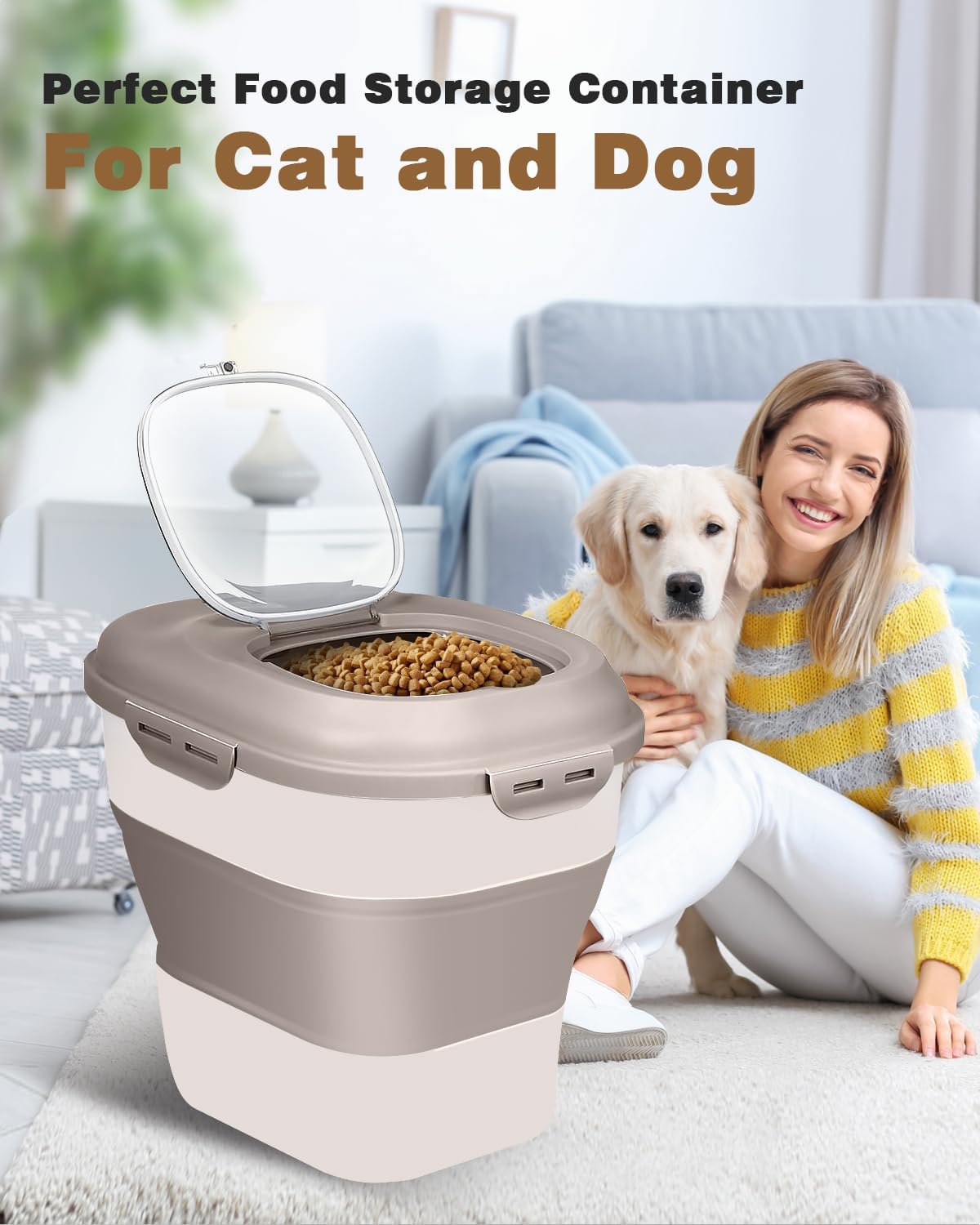 ANVS Dog Food Storage Container - Collapsible Dog Food Container with Airtight Lids, Scoop and 2.5L Small Pet Food Storage Container Dry Food For Dog, Cat and Other Pet Food (Khaki, 30 lbs)