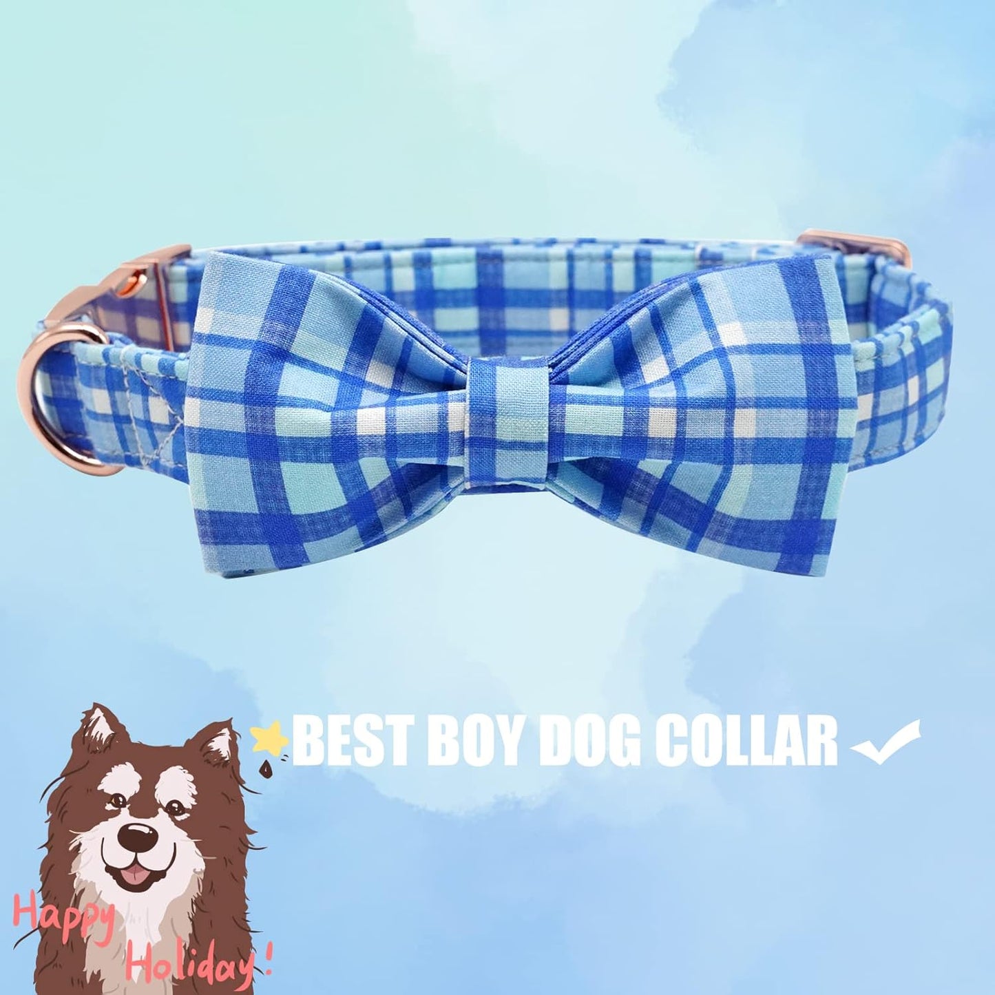 Elegant little tail Dog Collar with Bow - Blue Plaid Boy Dog Collar Cute Bowtie Pet Collar Adjustable Dog Collar for Medium Dog