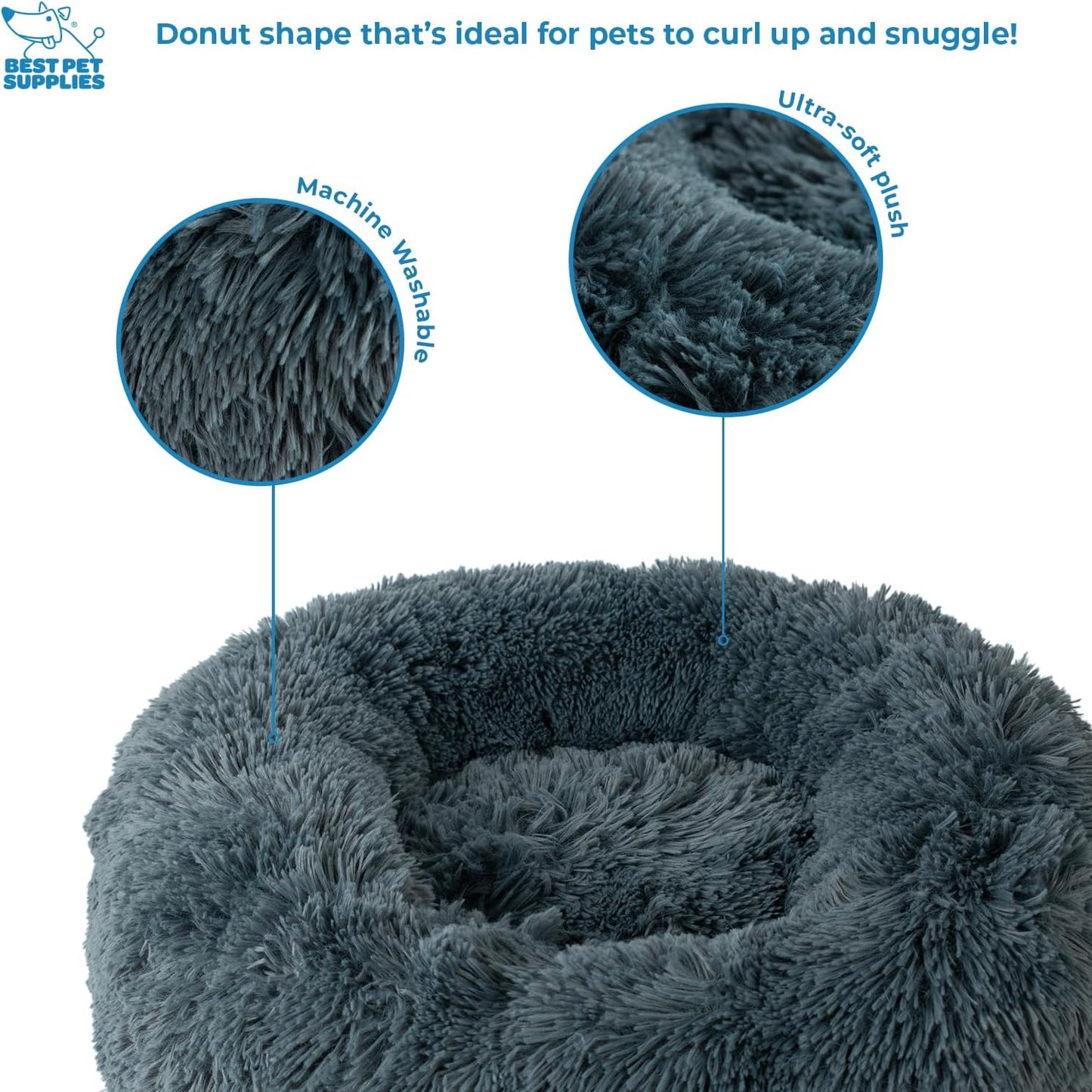 Best Pet Supplies Round Donut Dog Bed with Plush Faux Fur Fabric, Calming, Anti-Anxiety Cushion for Indoor Pets, Slip-Resistant Base, Soft Ergonomic Support - Gray, 24x24x7''