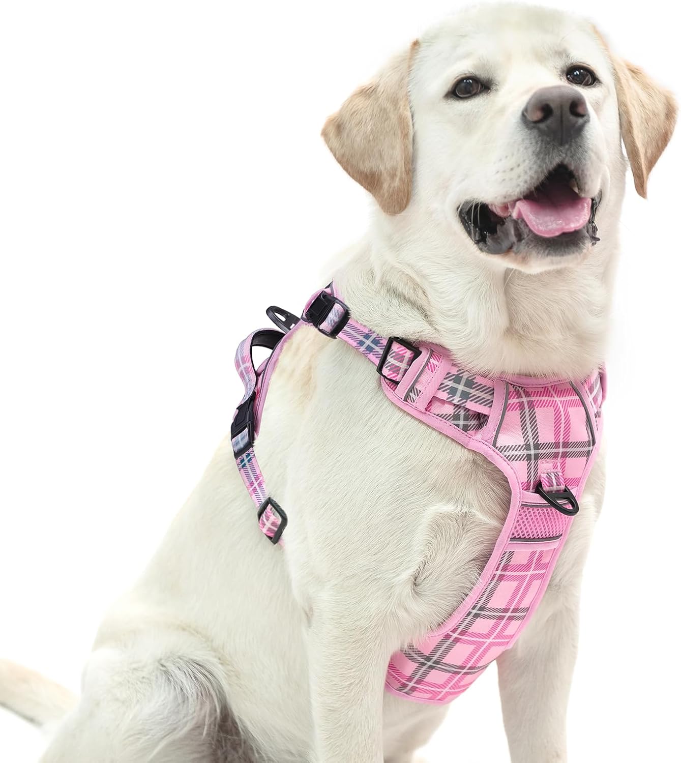 PUPTECK No Pull Dog Harness for Large, Adjustable Reflective Dog Harness with Handle Easy Control, Comfortable Soft Padded Pet Vest Harness for Large Dogs, Plaid Pink L