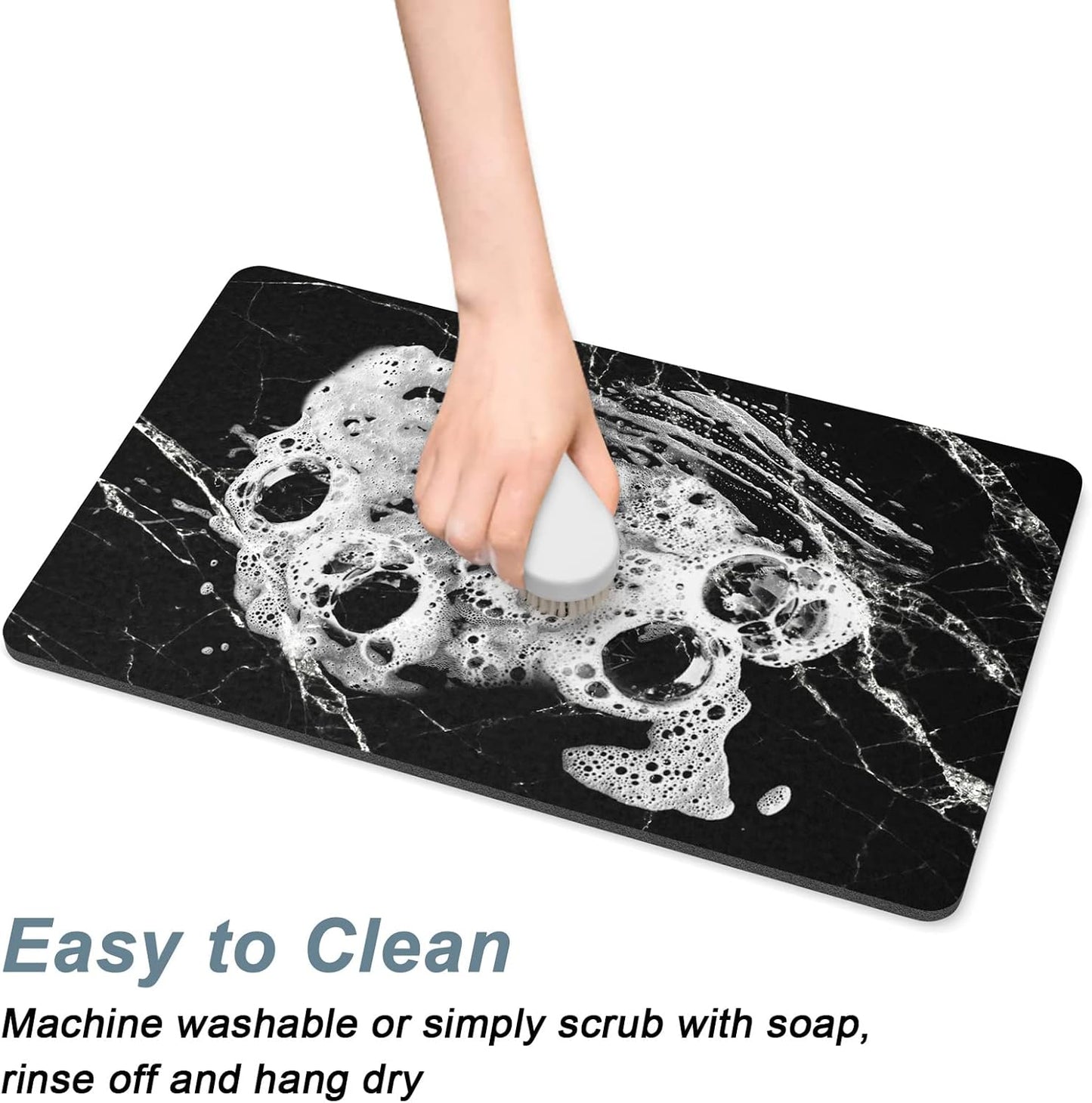 Rnivvi Dog Food Mat, 12" x 19" Marble Absorbent Dog Cat Bowl Mat for Food and Water, Cute Anti-Slip Rubber Pet Feeding Rug Protect Floors, Puppy Placemat for Feeding & Watering Supplies, Black