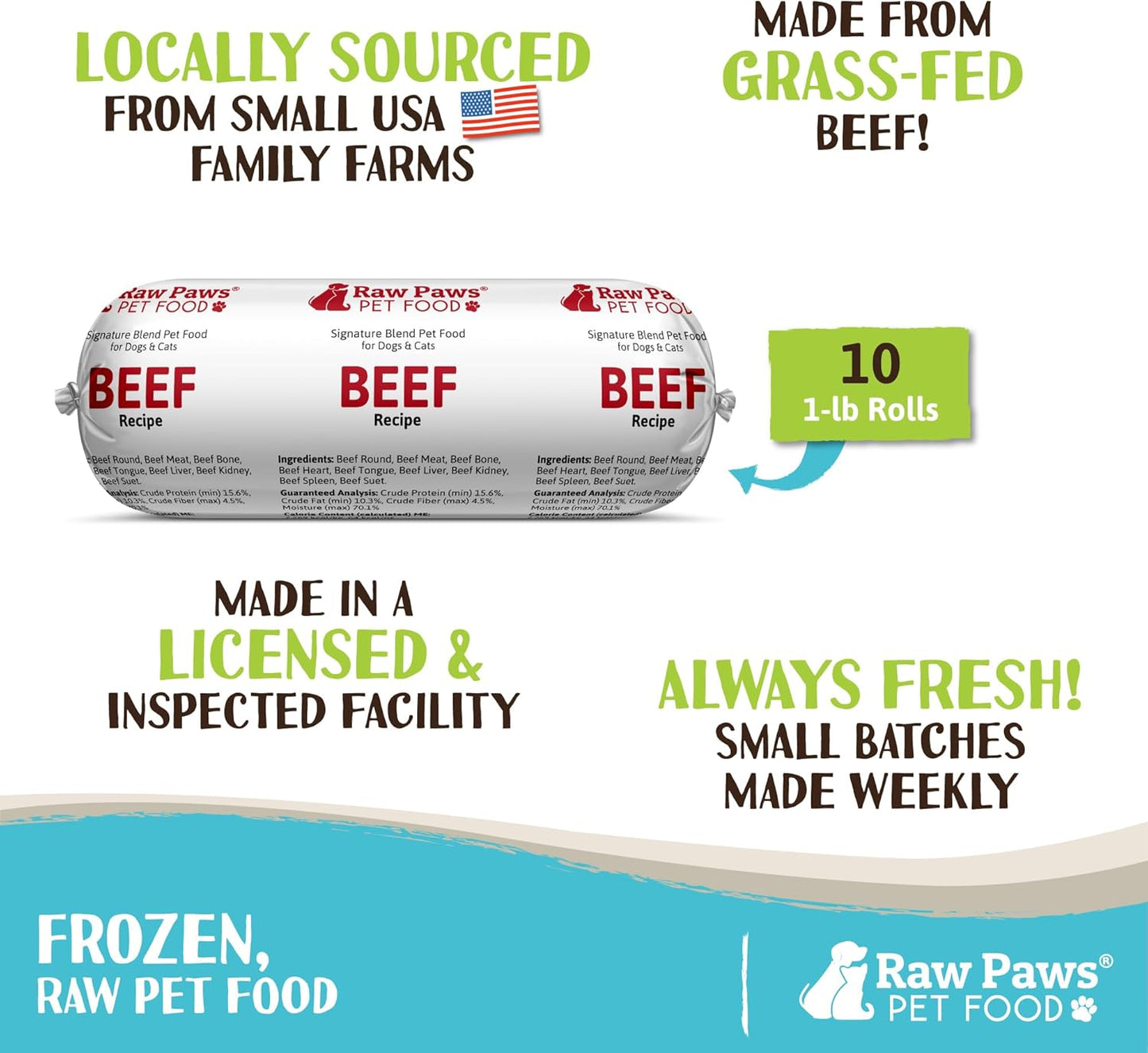 Raw Paws Signature Blend Pet Food for Dogs & Cats - Beef Recipe, 1-lb Rolls (10 Pack) - Fresh Pet Food Made in USA, Grass-Fed Beef Log, Natural Dog Food Rolls, Raw Frozen Dog Food & Cat Food